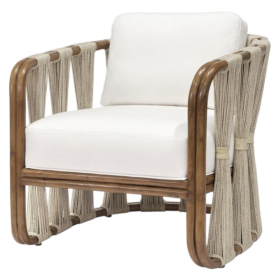 Rattan Armchair with Natural Woven Rope and Natural Twill Upholstery 