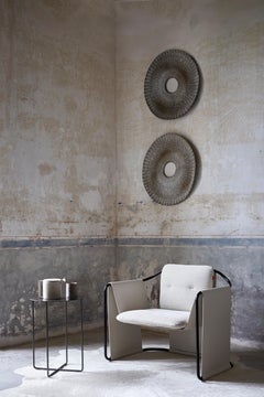 Contemporary Armchair 'KIMONO' Beige Fabric & Leather, Chrome Steel