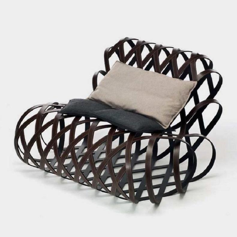 Metal Contemporary Armchair Made of Steel Frame Covered with Saddle Leather For Sale