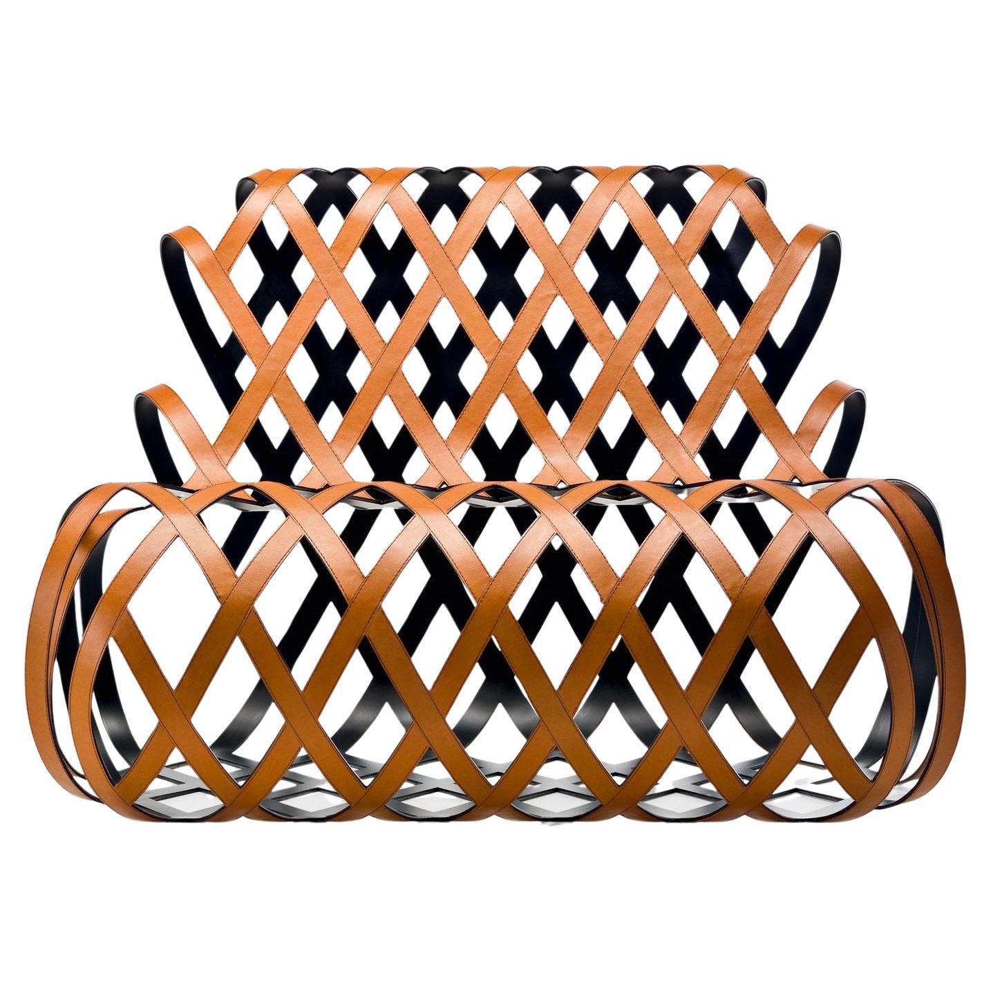 Contemporary Armchair Made of Steel Frame Covered with Saddle Leather For Sale