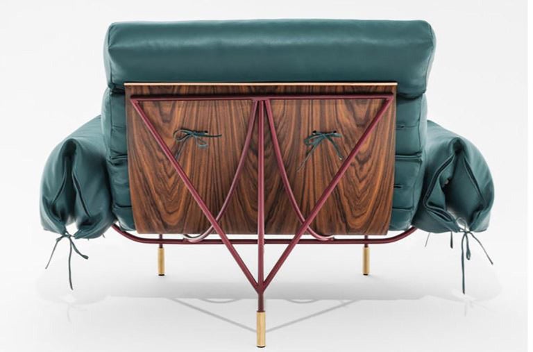 Contemporary armchair Nuvola Paesaggio collection designed by Hannes Peer for SEM. Structure in lacquered iron, brass details. Shell in wood veneered with Santos rosewood, padding in feather, full green leather upholstery. Behind the natural