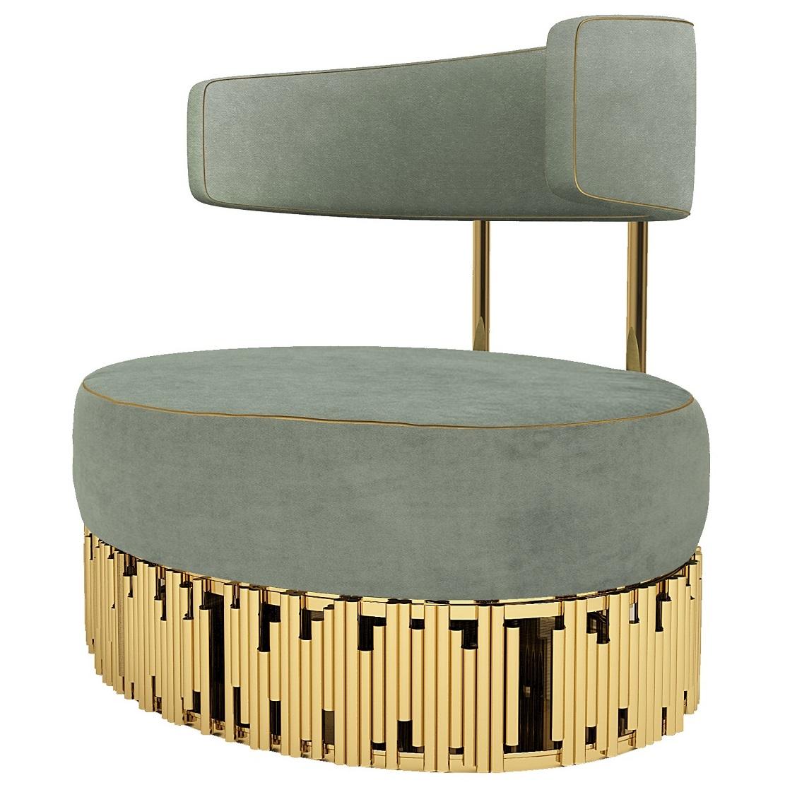 The armchair features gold piping and golden strips base with contemporary silhouette. 
Materials:
Upholstery : Aqua Velvet and Gold Piping
Legs : Polished Brass Finish
Contact us to enquire about COM/COL production, requirements and material