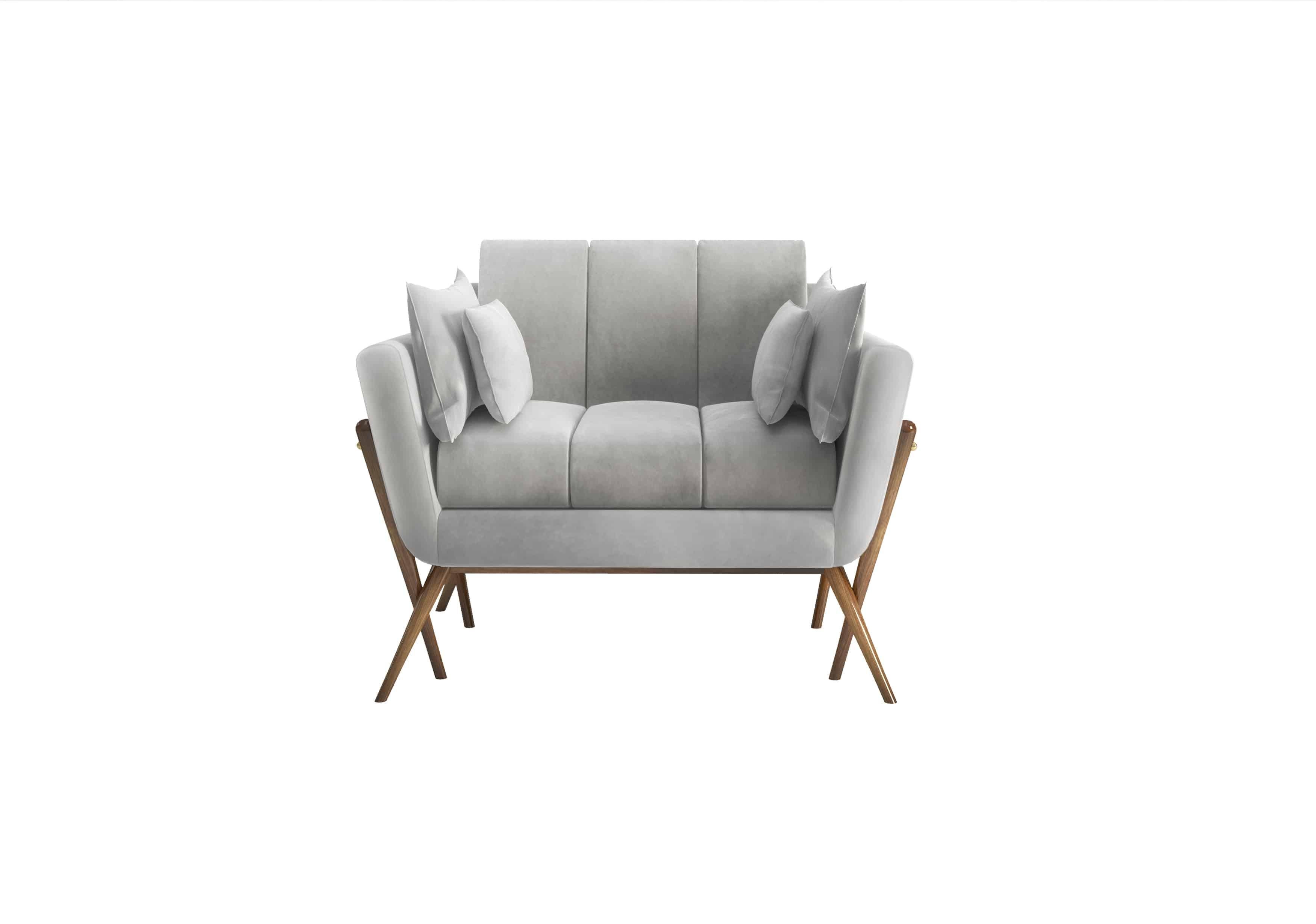 MATERIALS
Upholstery: Light grey velvet
Velvet is water repellent and stain resistant.
Legs: American Walnut with rich grain and is finished in a high-gloss lacquer.
Details: Polished brass 
Pillows: Light grey velvet
Available in COM
Contact us to