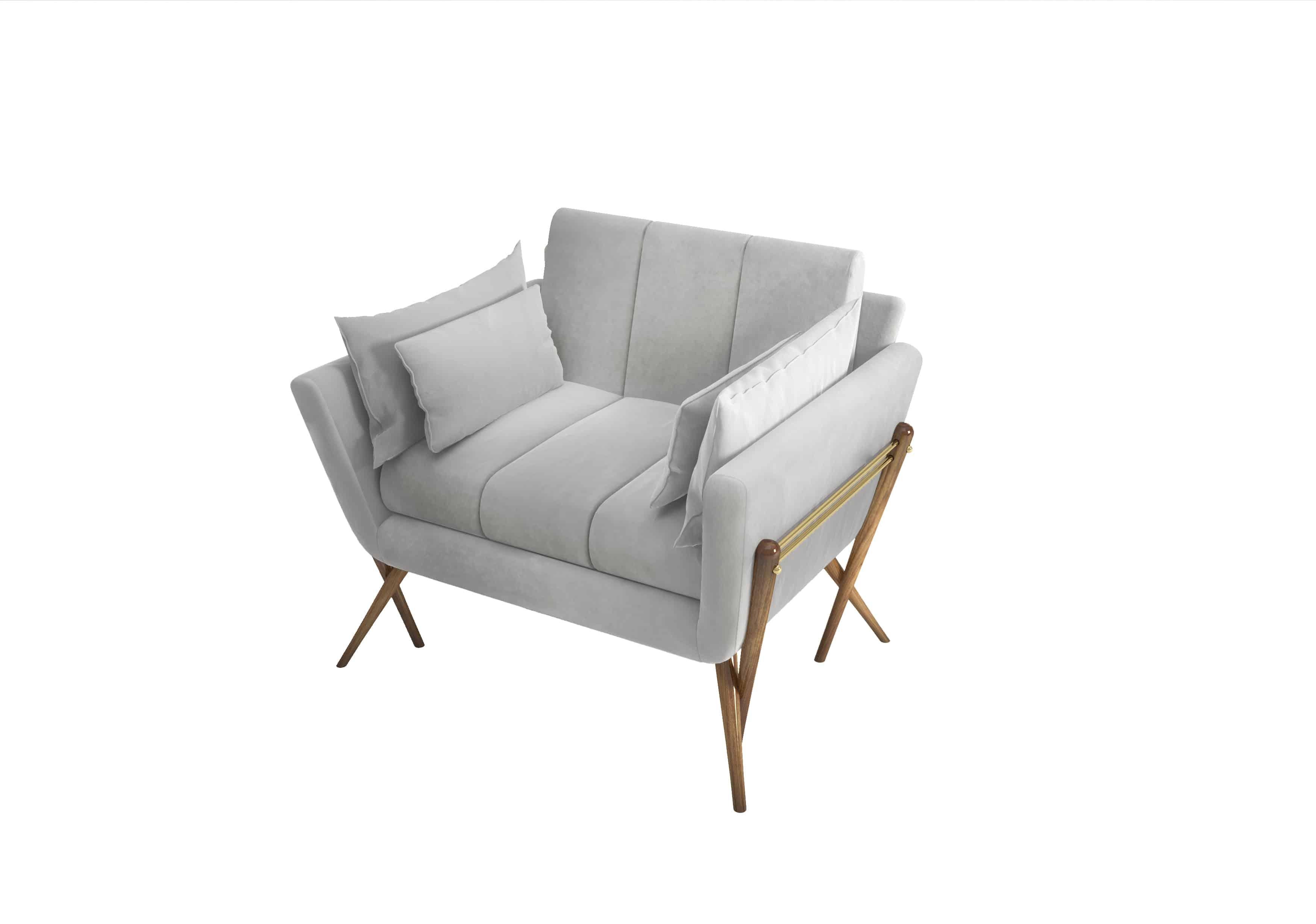 Portuguese Contemporary Armchair Offered In Light Grey Velvet. For Sale