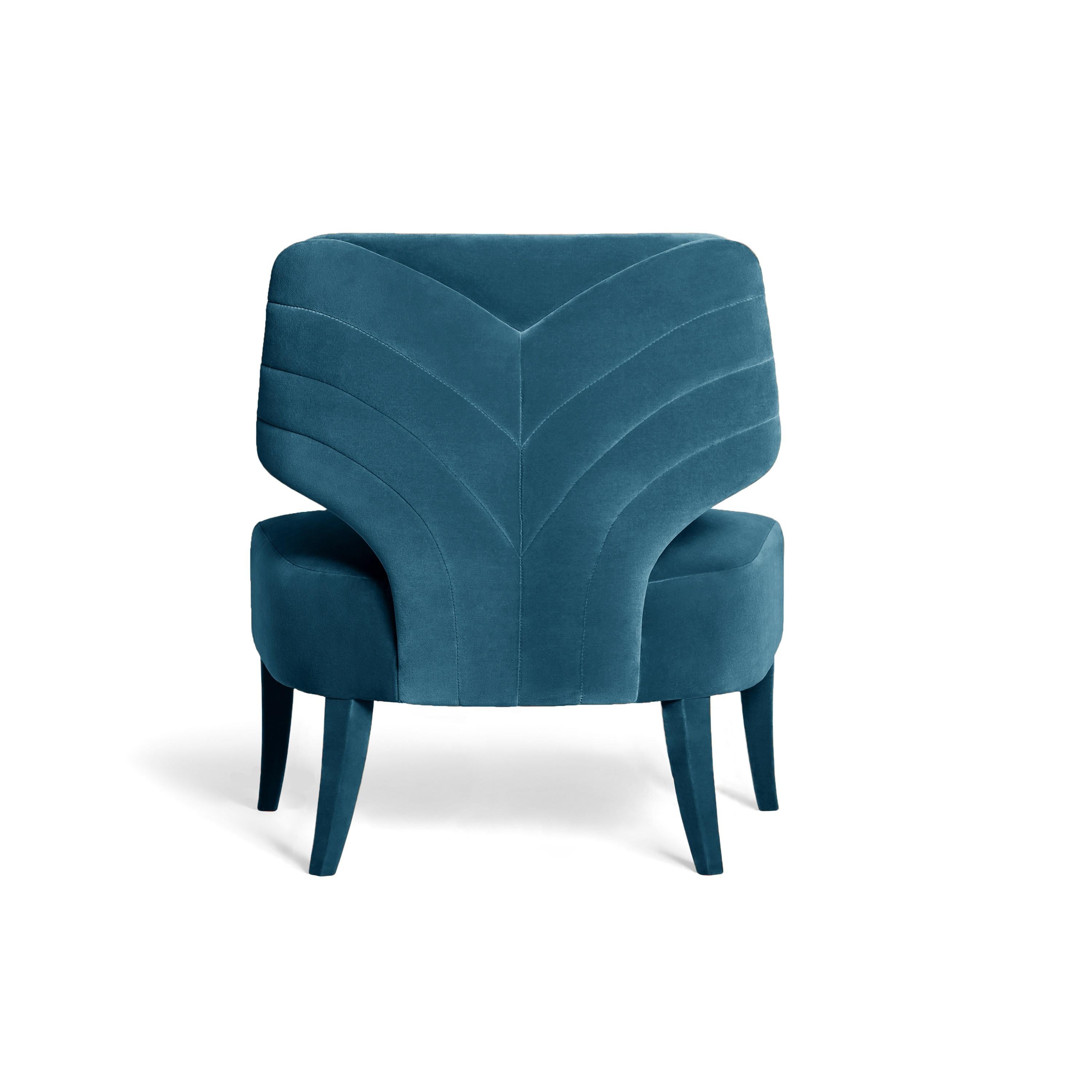 Modern Contemporary Armchair Offered in Velvet with Back Curved Lines For Sale