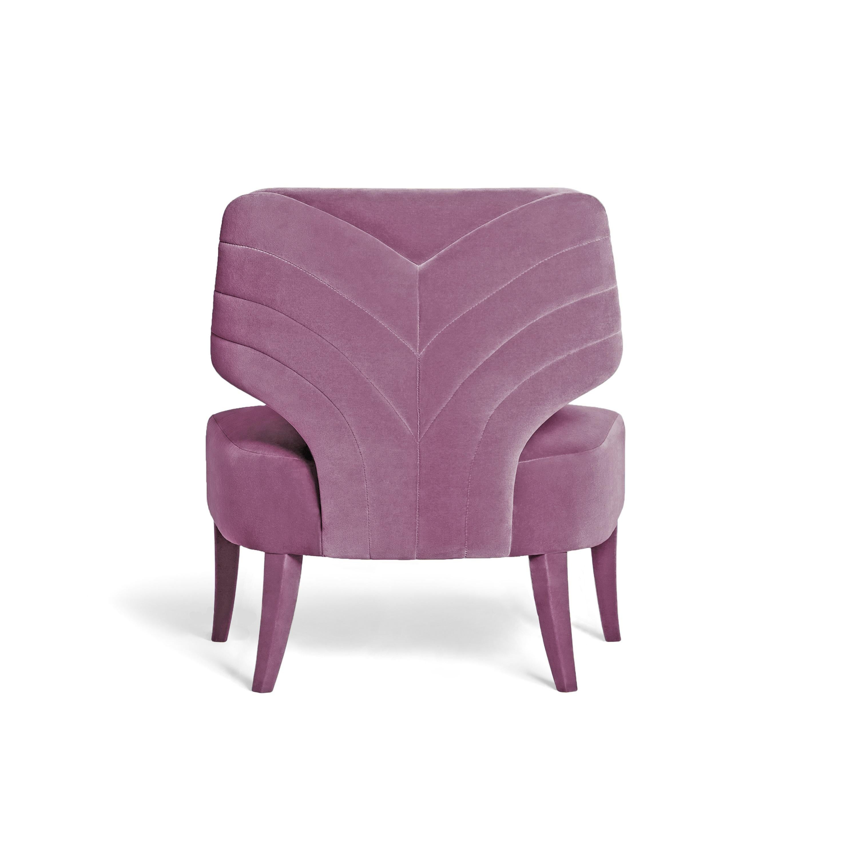 Contemporary Armchair Offered in Velvet with Back Curved Lines For Sale 1