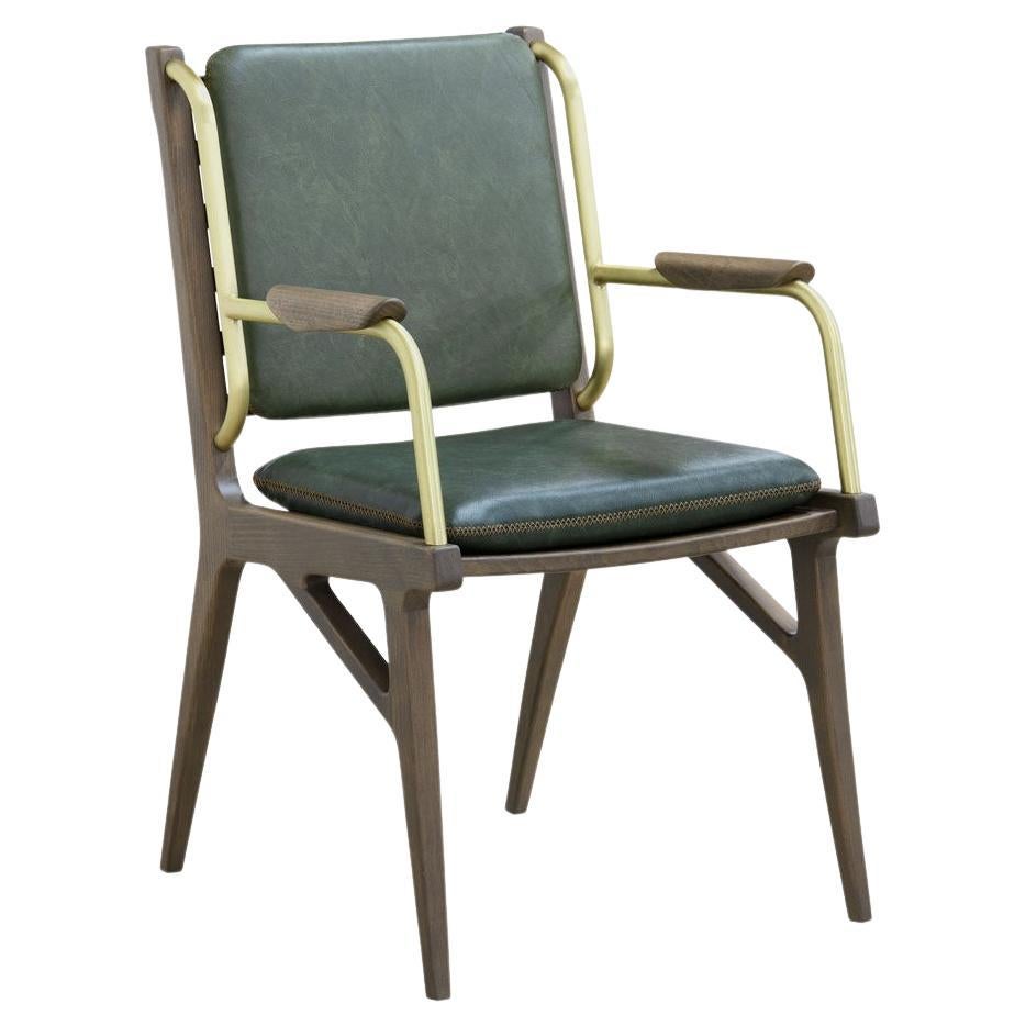 Contemporary dining armchair crafted of solid wood frame, with leather upholstered seat and back cushions in green leather.
Available upholstered in various fabrics, leather or C.O.M.
Dimensions:
Width 57 cm 22.4