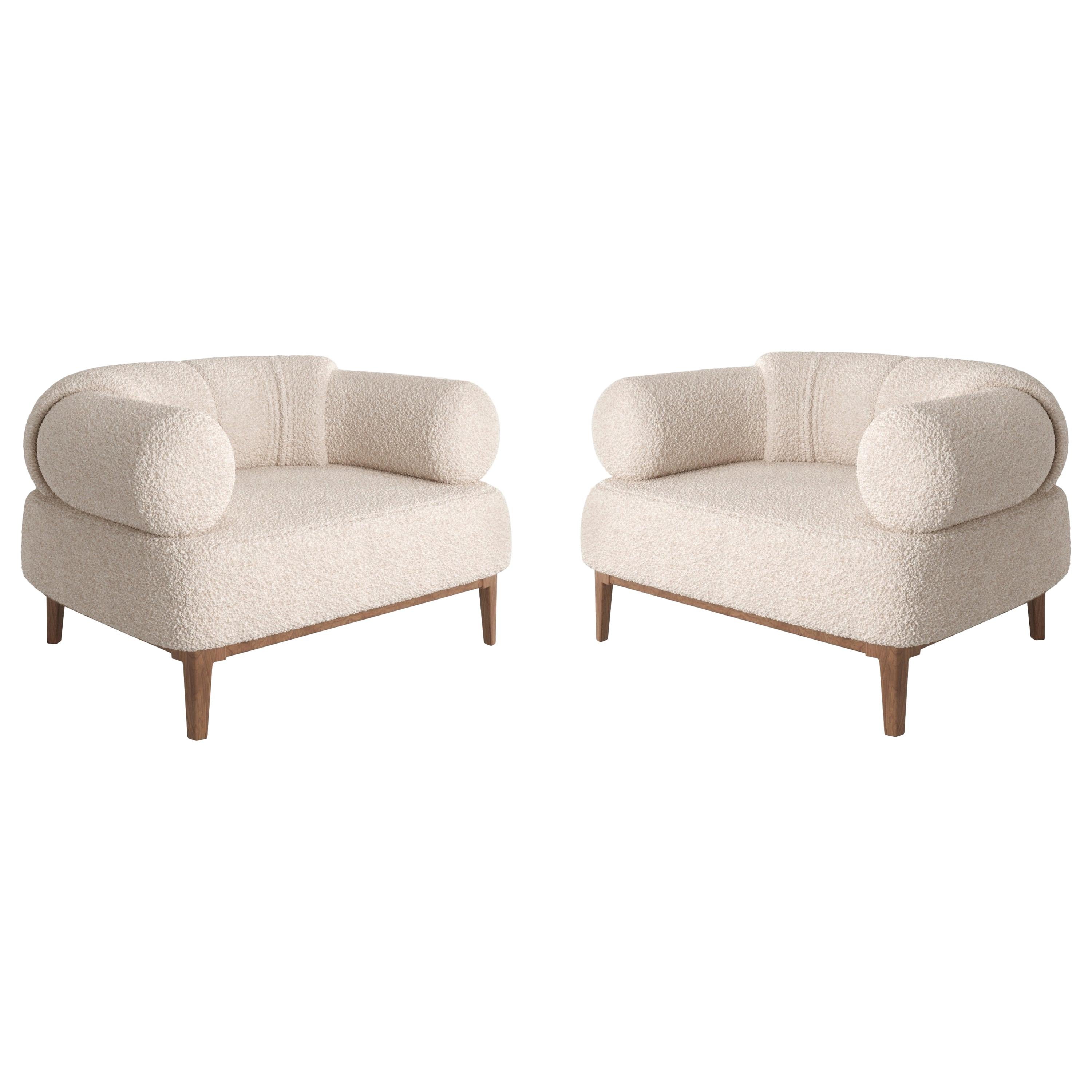 Contemporary Armchair Upholstered In Bouclé Fabric, Set of 2
