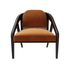 Poltrona contemporanea con ottomana, velluto caramello / rattan naturale