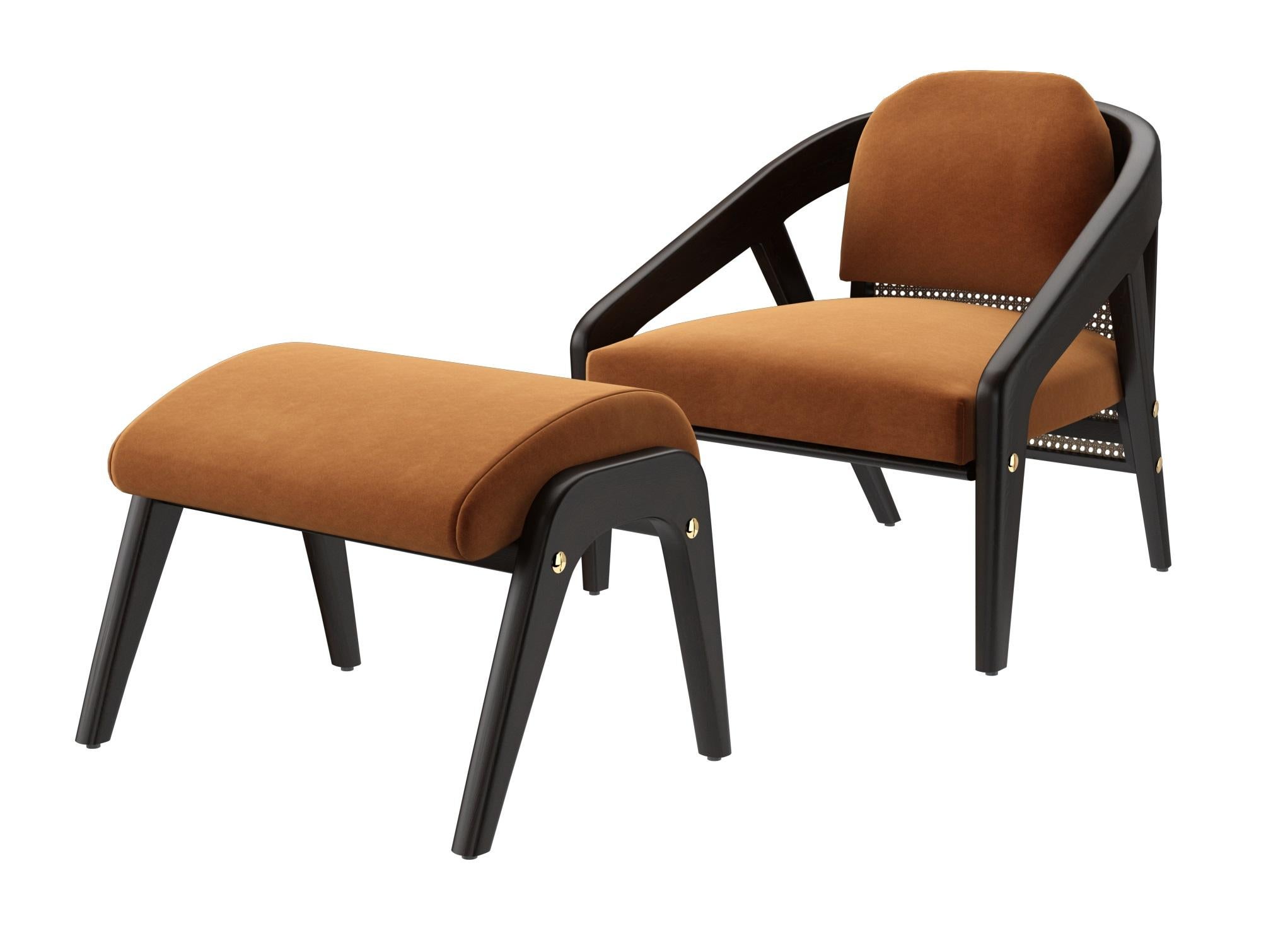 Mid-Century Modern Contemporary Armchair with Ottoman, Caramel Velvet / Natural Rattan For Sale