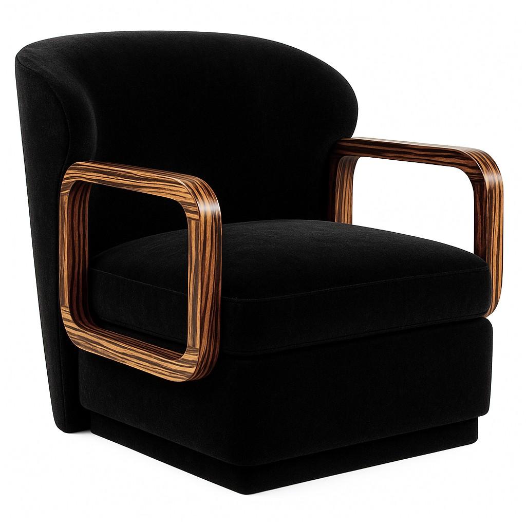 Bouclé Contemporary Armchair with Rounded Square Ebony Wood Arms For Sale
