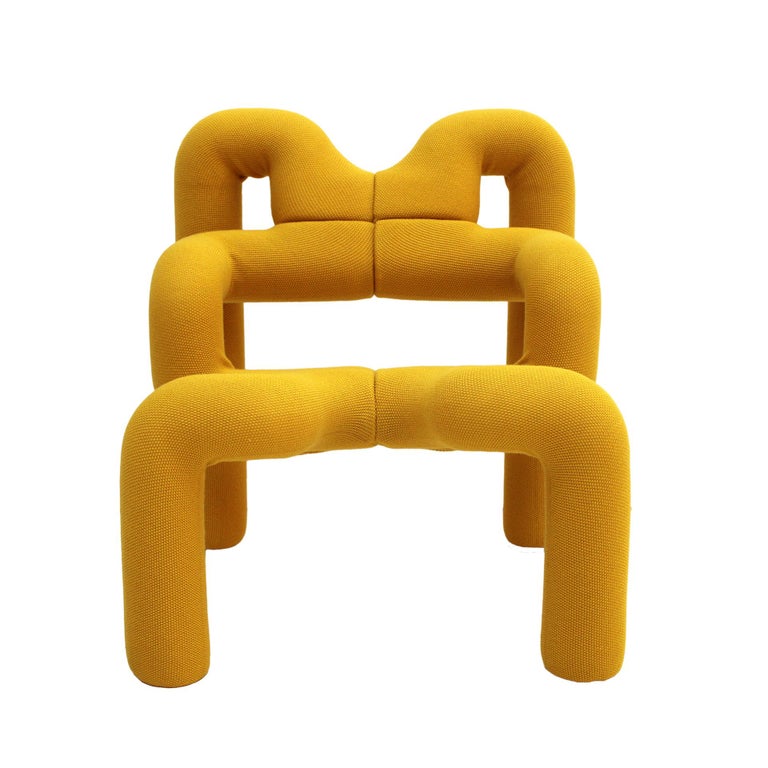 Mod Ekstrem armchairs designed by Terje Ekstrom. Structure made of steel covered with woolen knit foam, and upholstered with yellow wool fabric.