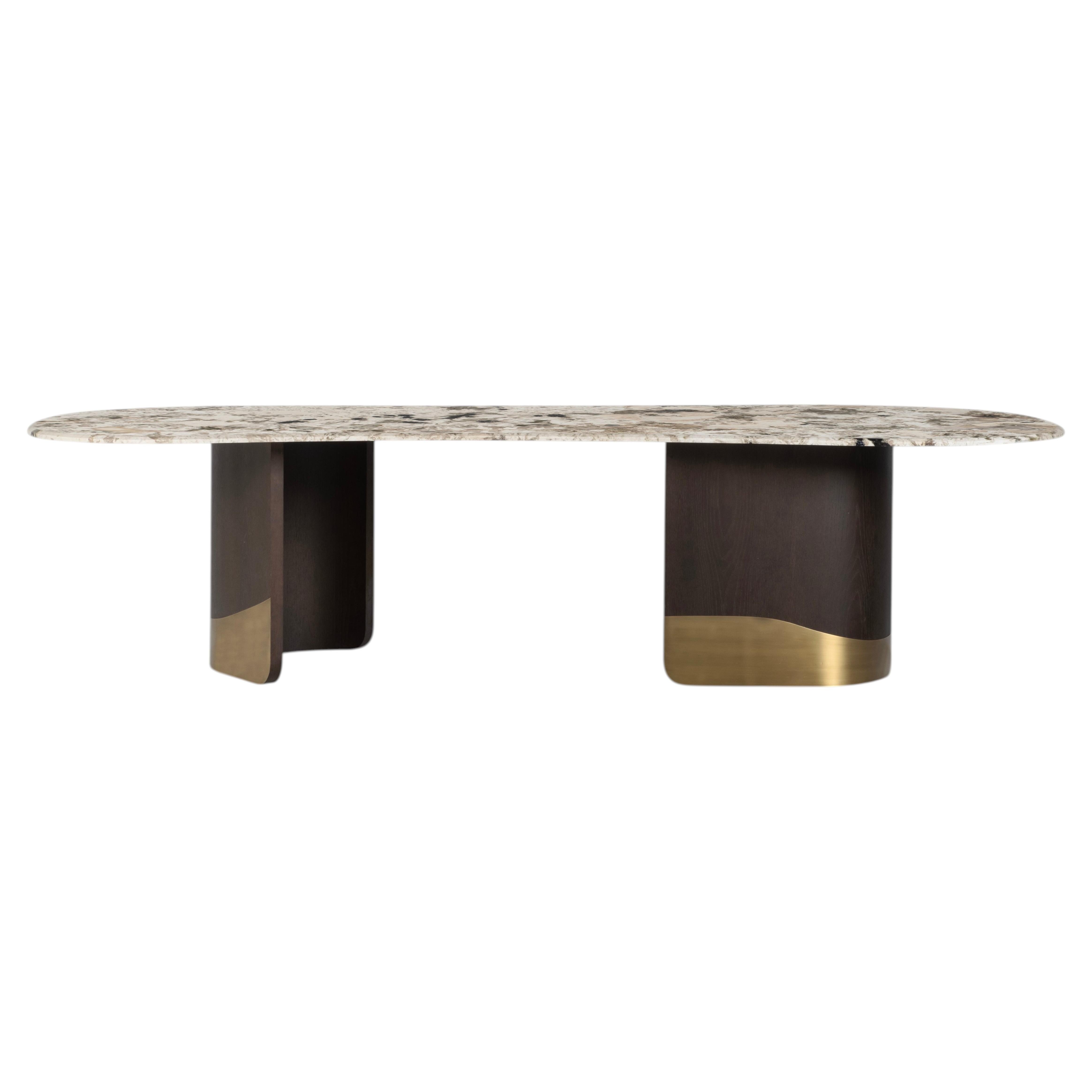 Contemporary Armona Quartz Dining Table, Patagonia Brass, Handmade by Greenapple For Sale