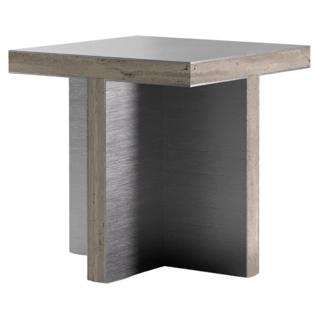 Contemporary Arris Side Table in Steel and Travertino For Sale