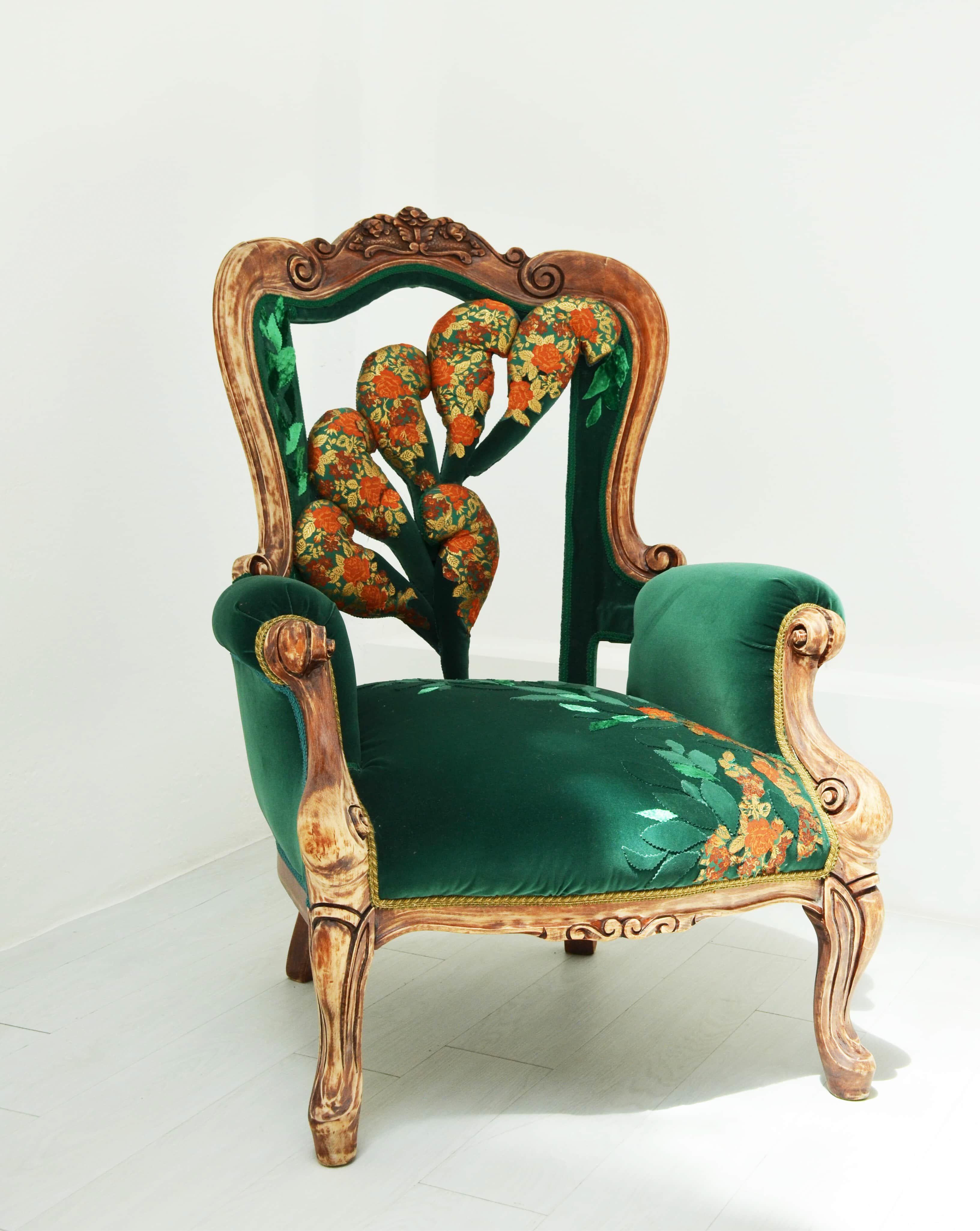 Sculpture. Unique piece hand made by the artist. 
19th century armchair revisited by the author. Cotton velvet appliqué by the author with cuttings from authentic Japanese OBJ 1800-.Trimmings Passamanerie