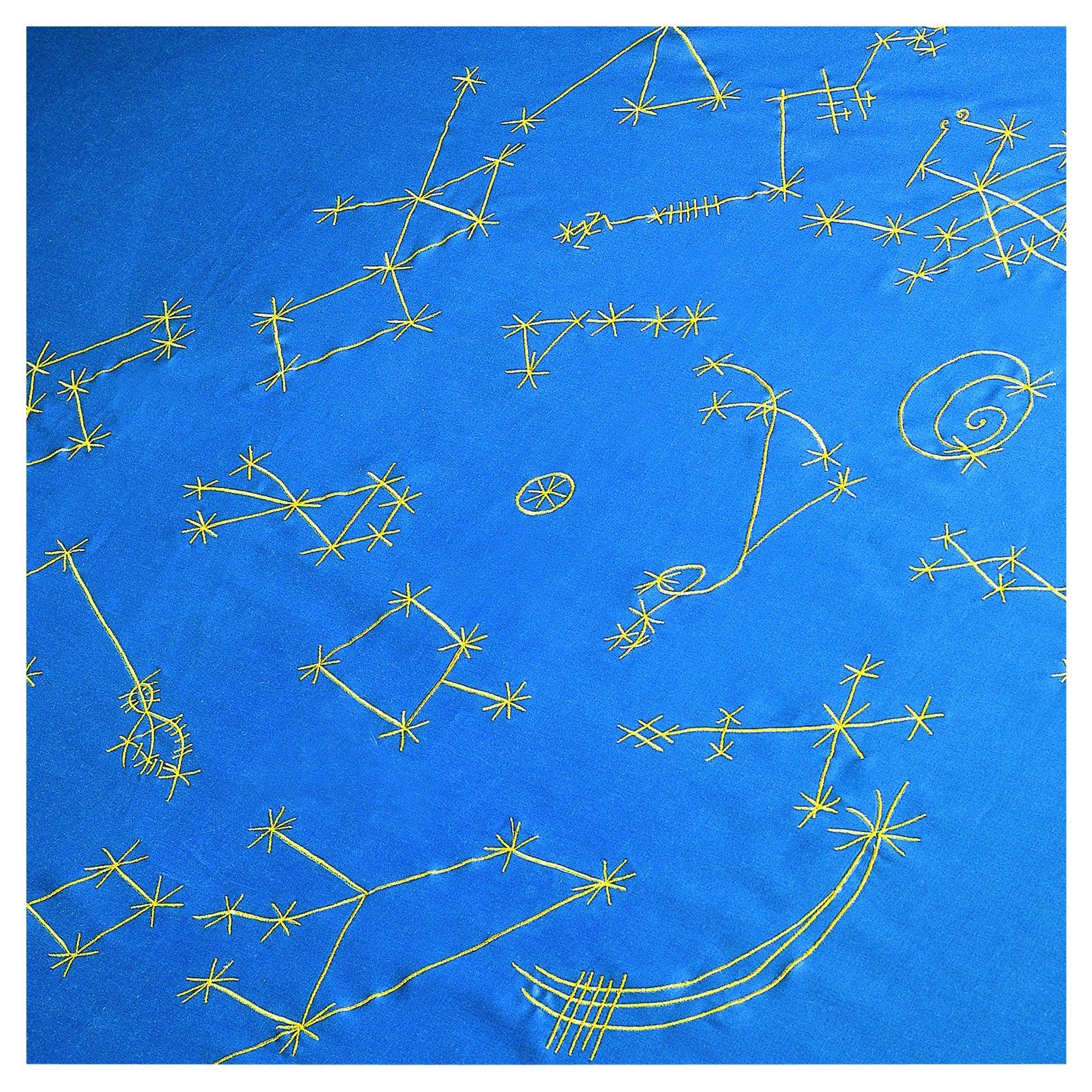 Contemporary Art Bed Cover Helioendimio Sky Blue Gold by Luigi Ontani