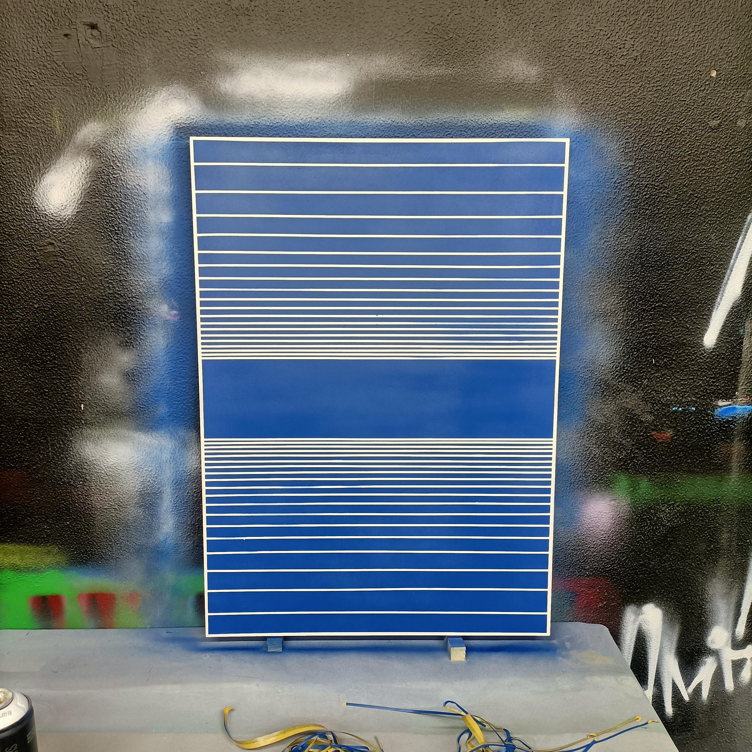 Spanish Painting Blue White Contemporary Geometric Futuristic Acrylic Spray on Wood For Sale