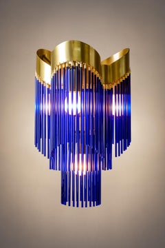 Contemporary Art Deco Brushed Brass and Cobalt Blue Caned Glass Rod Pendant