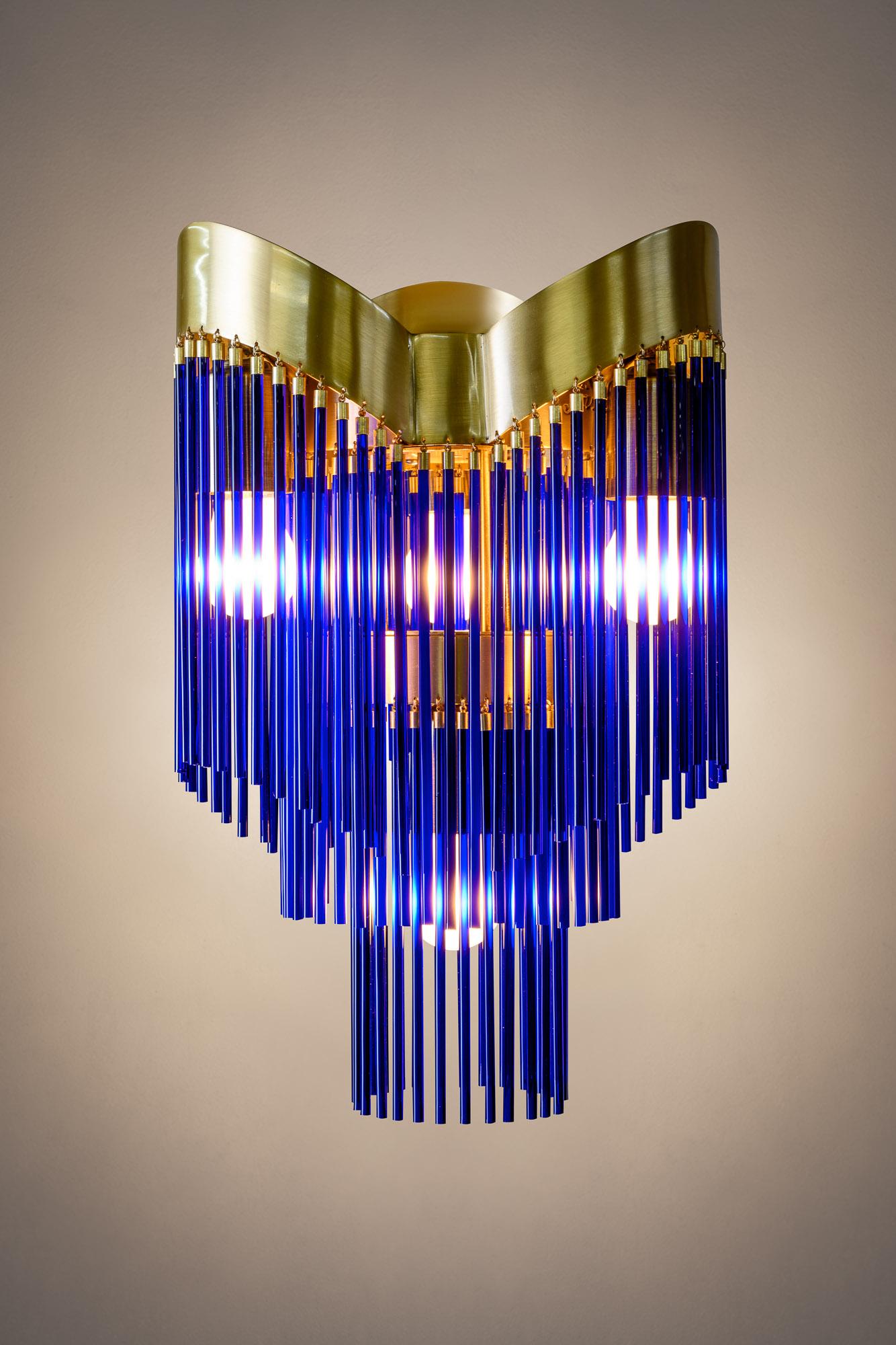 American Contemporary Art Deco Brushed Brass and Cobalt Blue Caned Glass Rod Pendant For Sale