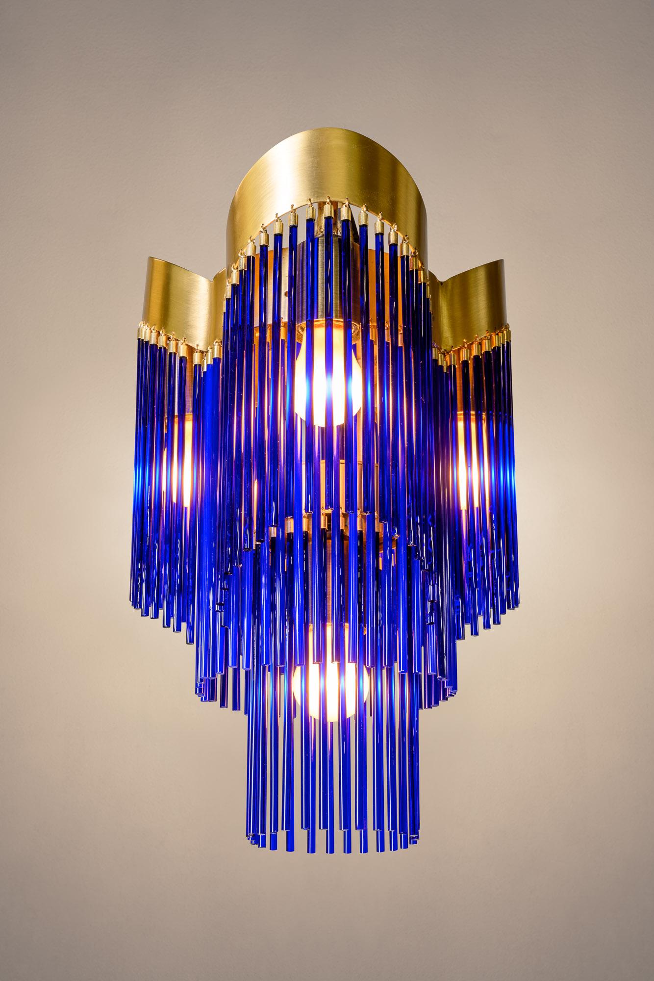 Caning Contemporary Art Deco Brushed Brass and Cobalt Blue Caned Glass Rod Pendant For Sale