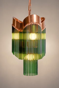 Contemporary Art Deco Brushed Copper and Emerald Green Caned Glass Rod Pendant