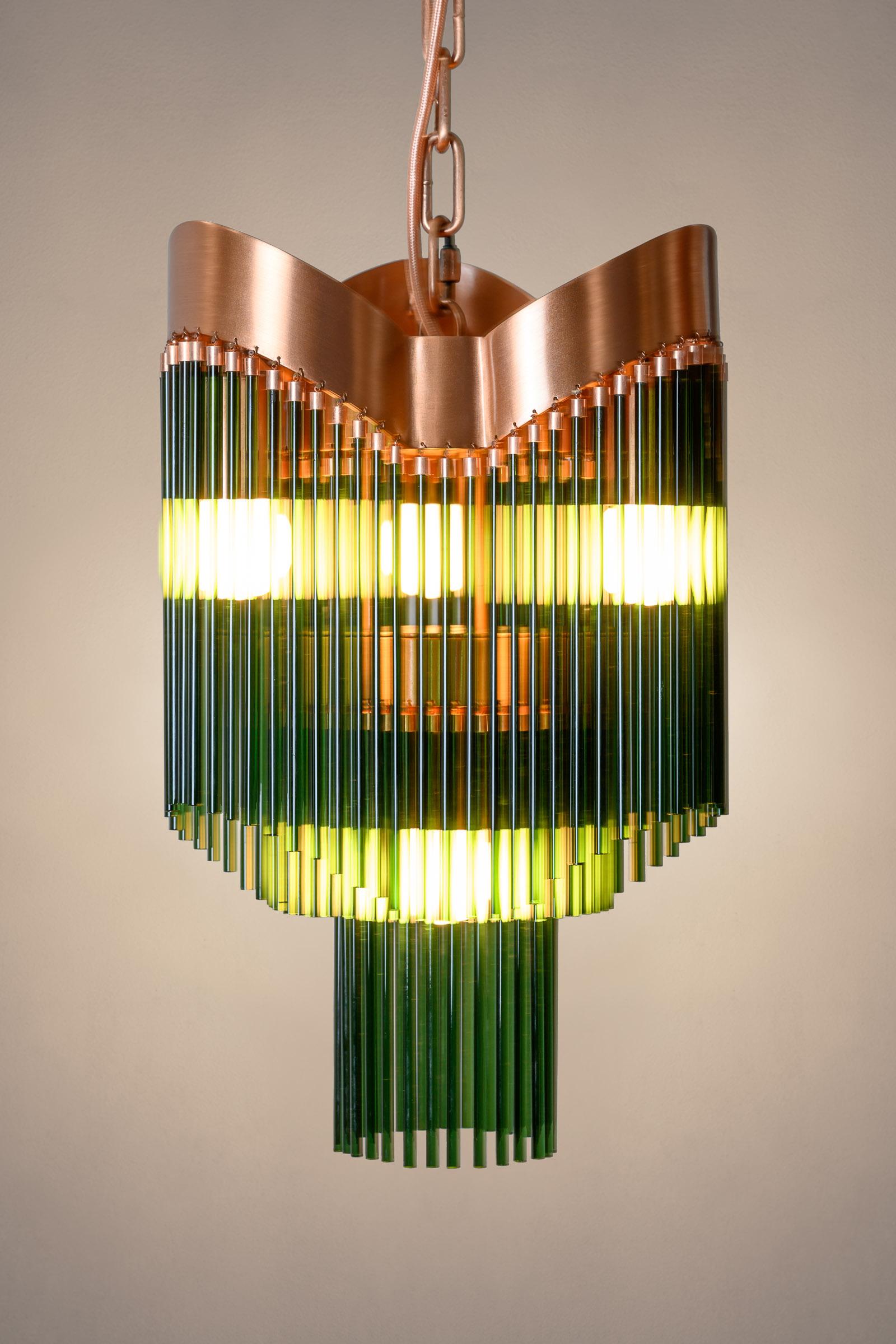 American Contemporary Art Deco Brushed Copper and Emerald Green Caned Glass Rod Pendant For Sale