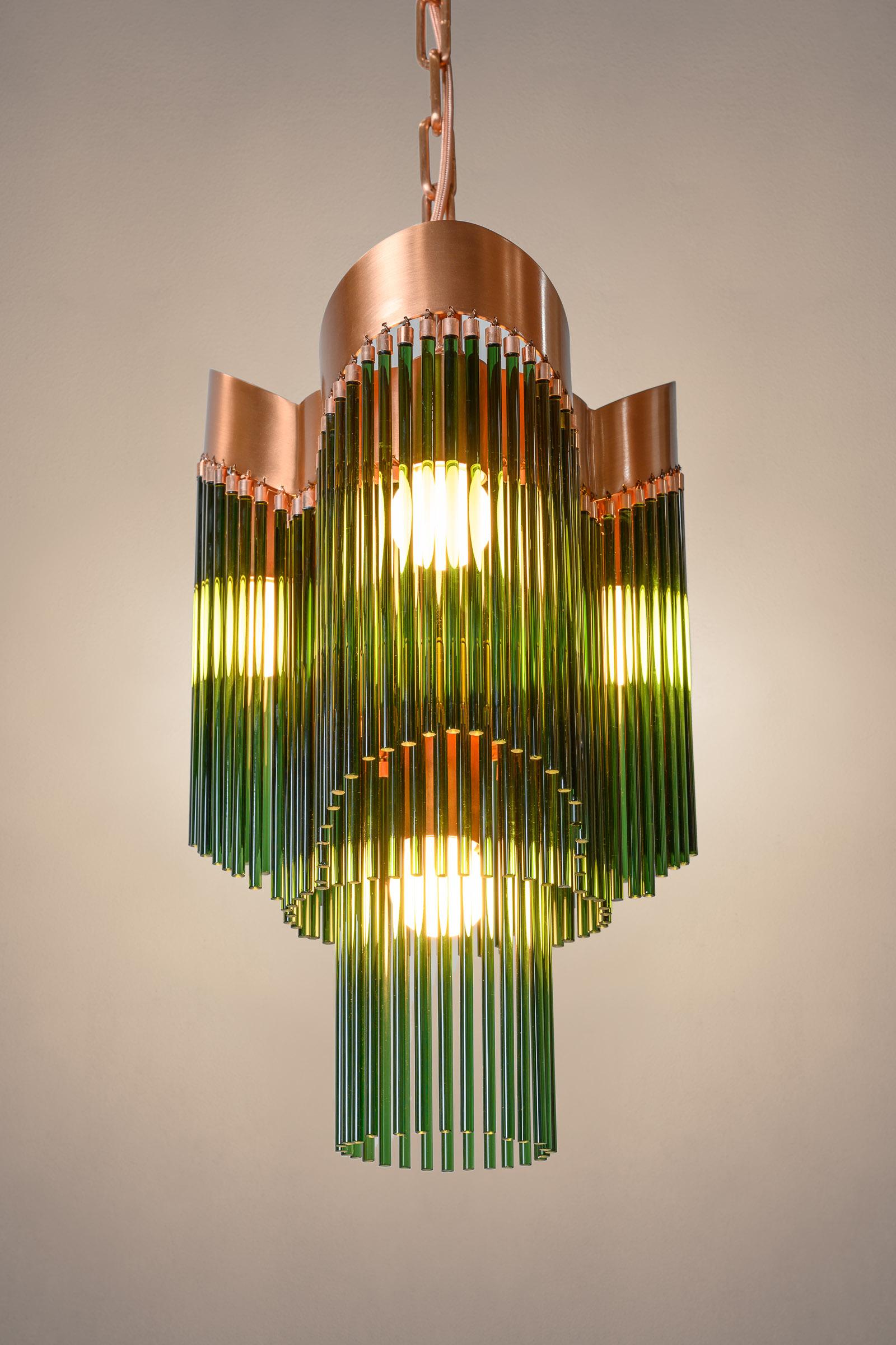 Caning Contemporary Art Deco Brushed Copper and Emerald Green Caned Glass Rod Pendant For Sale