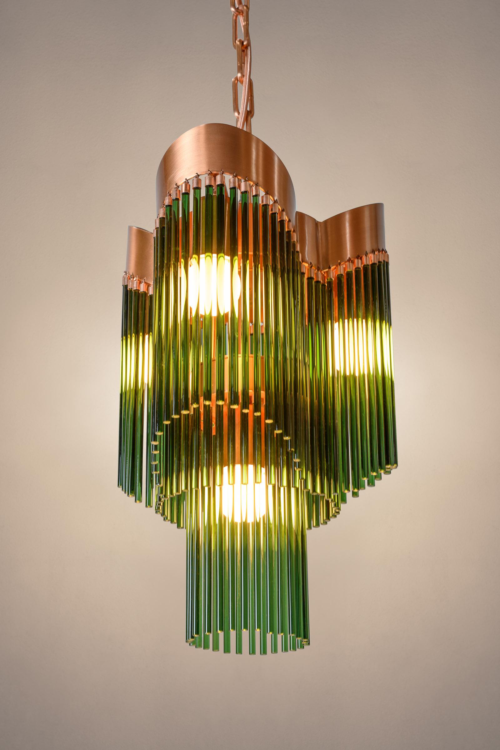 Contemporary Art Deco Brushed Copper and Emerald Green Caned Glass Rod Pendant In New Condition For Sale In Los Angeles, CA