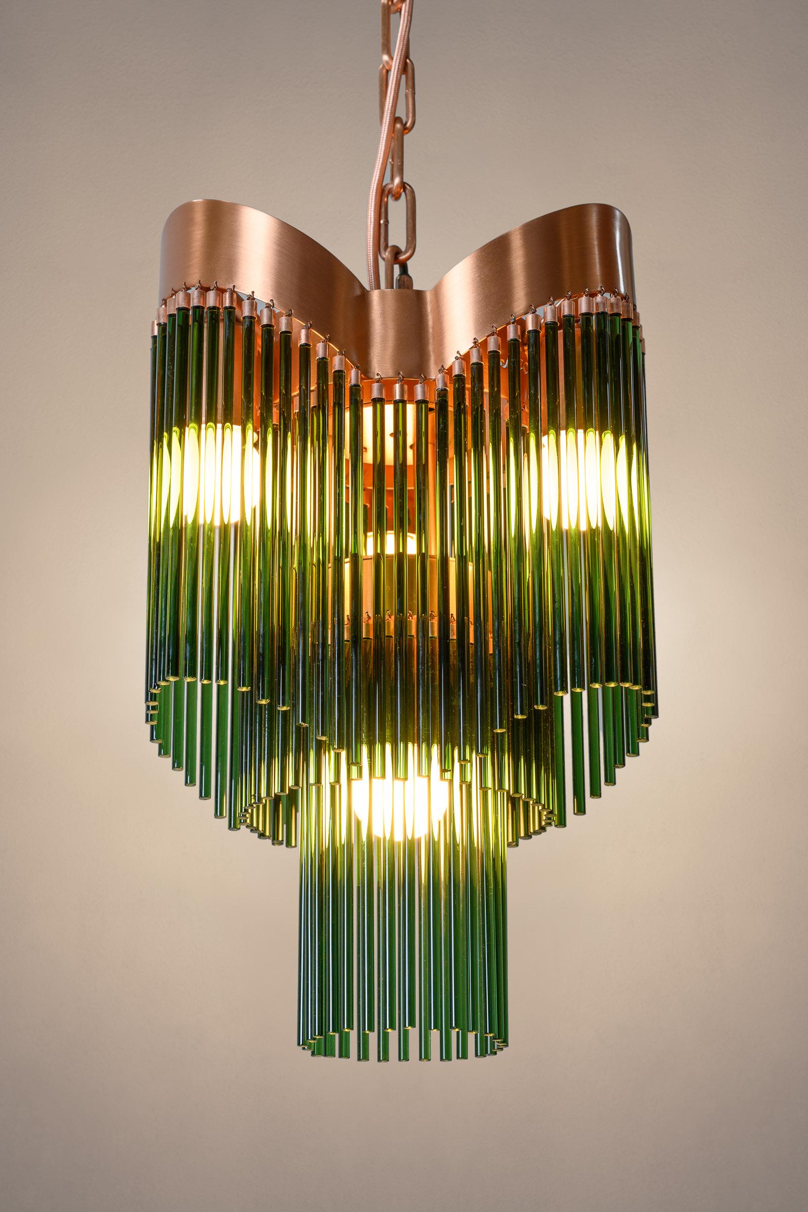 Contemporary Art Deco Brushed Copper and Emerald Green Caned Glass Rod Pendant For Sale 1