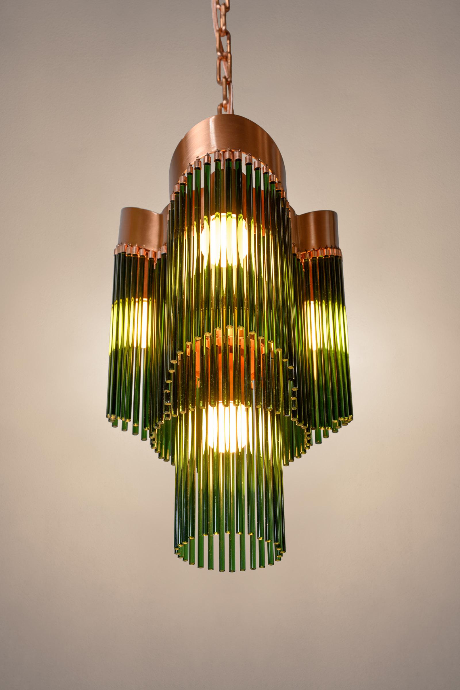 Contemporary Art Deco Brushed Copper and Emerald Green Caned Glass Rod Pendant For Sale 2