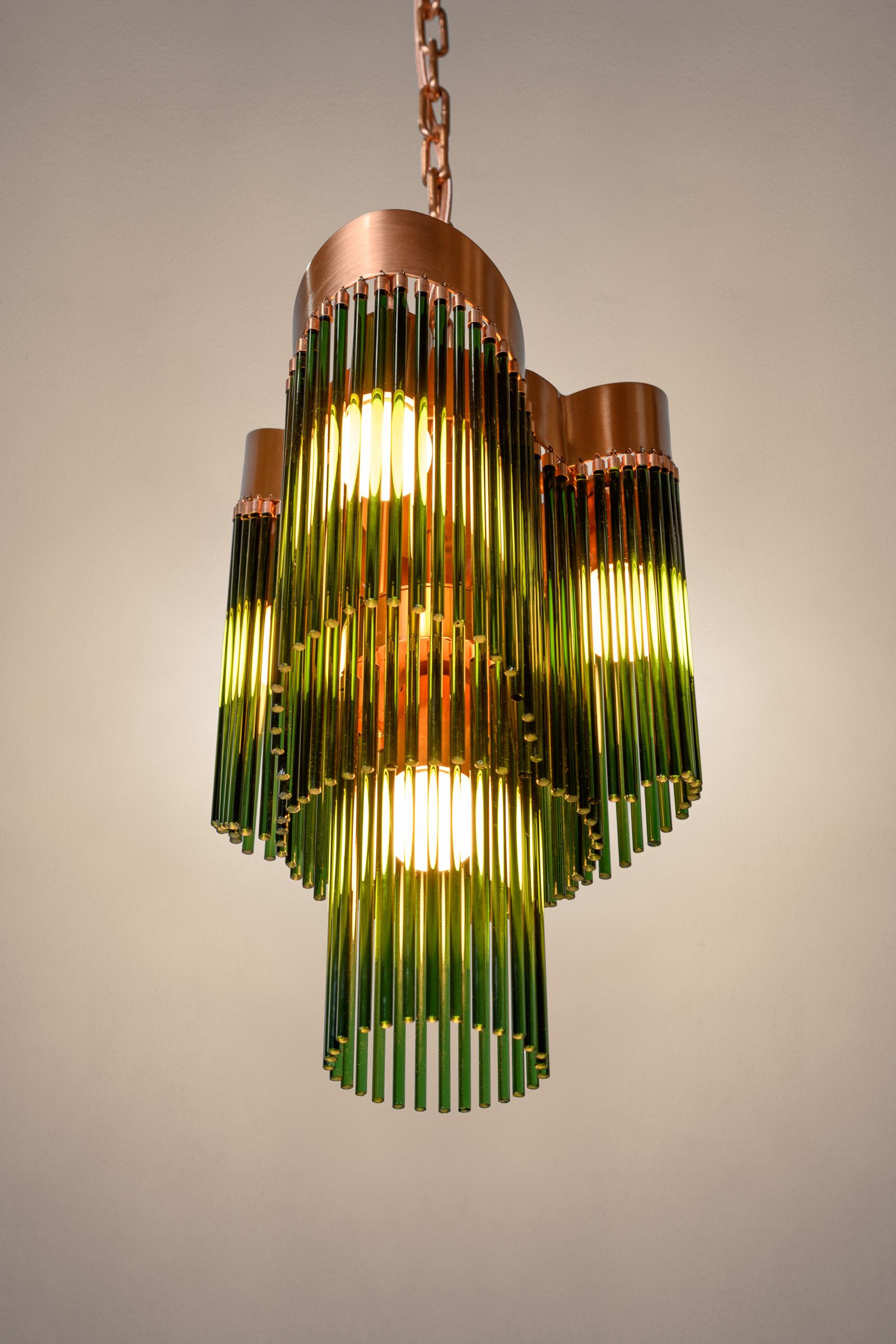 Contemporary Art Deco Brushed Copper and Emerald Green Caned Glass Rod Pendant For Sale 3