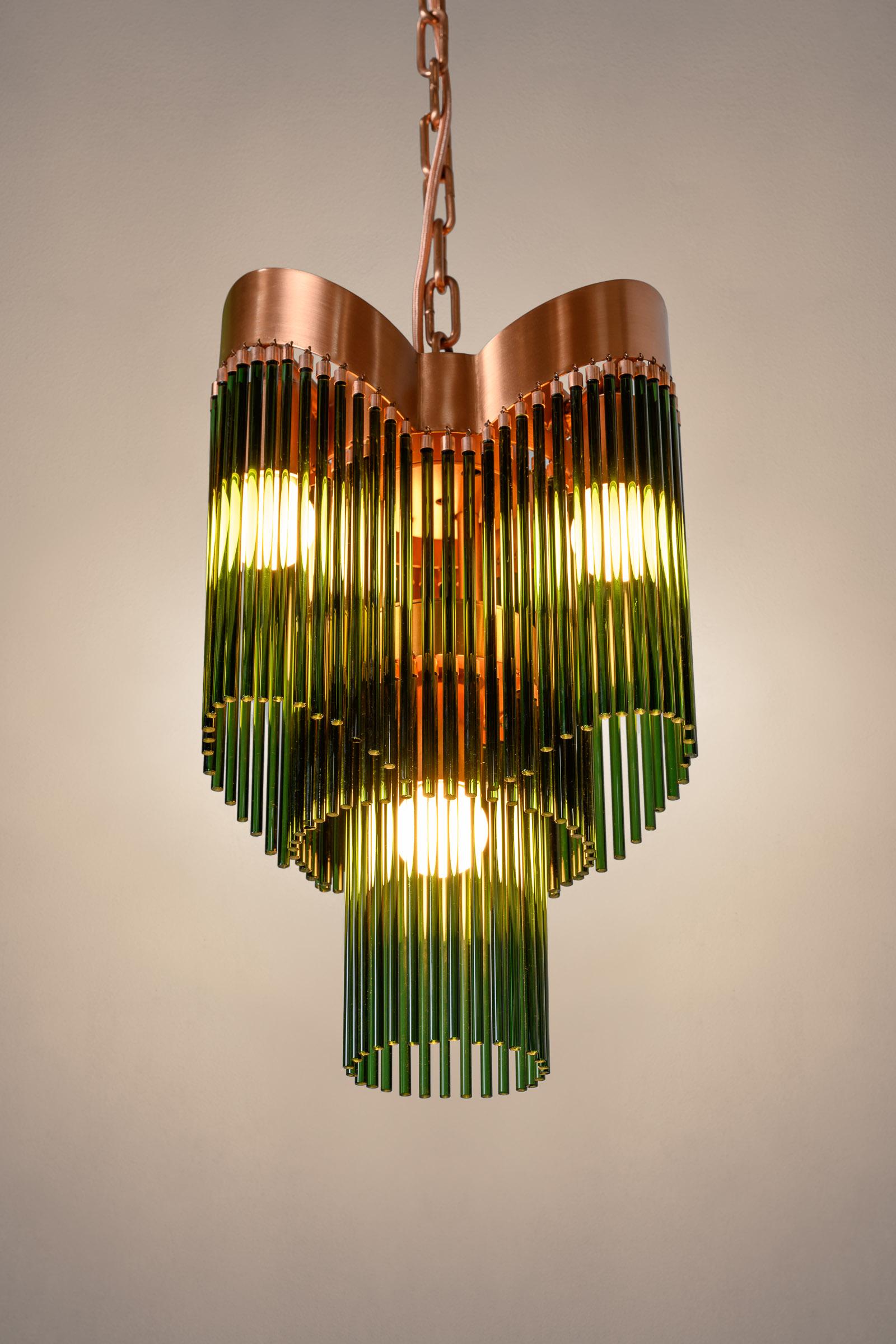 Contemporary Art Deco Brushed Copper and Emerald Green Caned Glass Rod Pendant For Sale 4