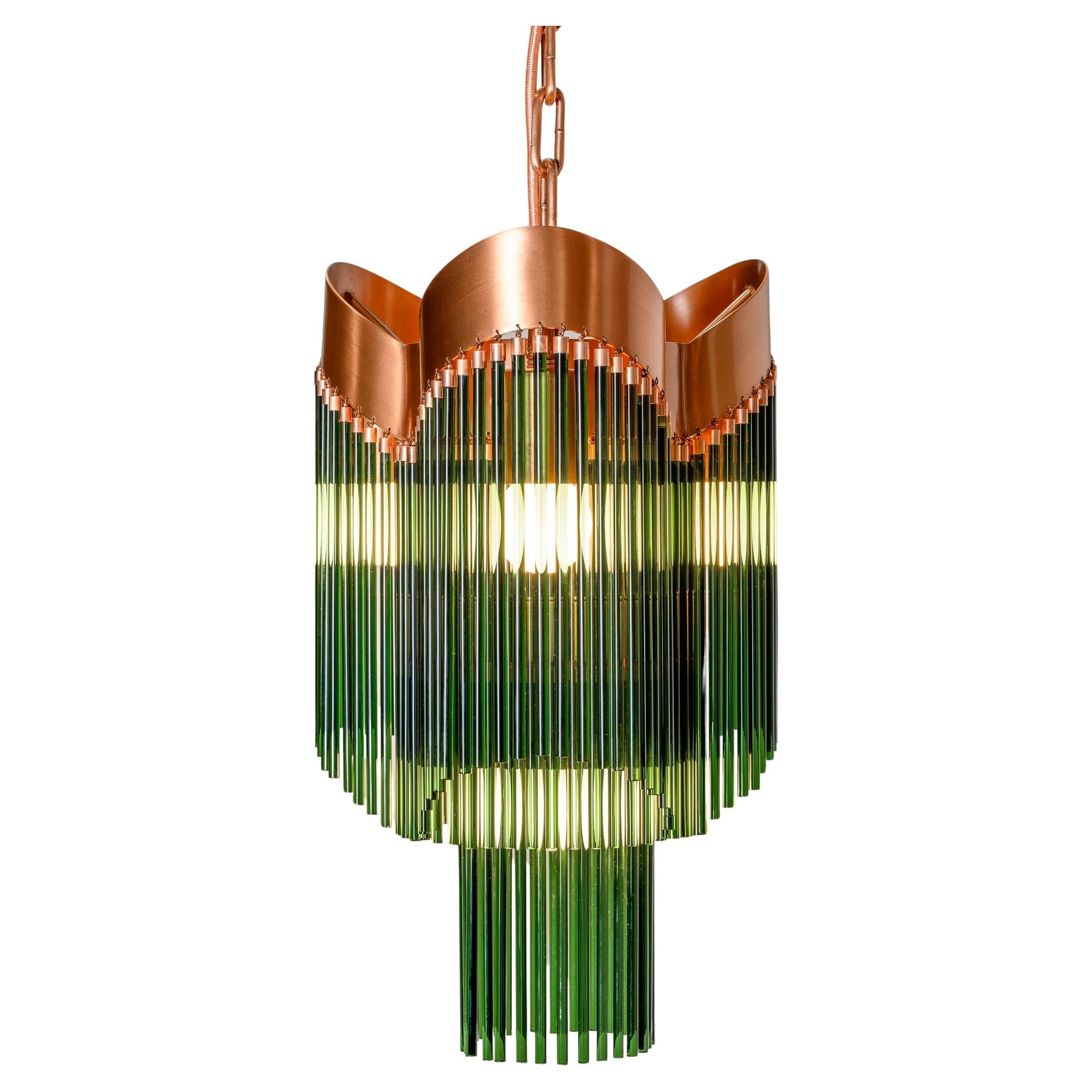 Contemporary Art Deco Brushed Copper and Emerald Green Caned Glass Rod Pendant For Sale