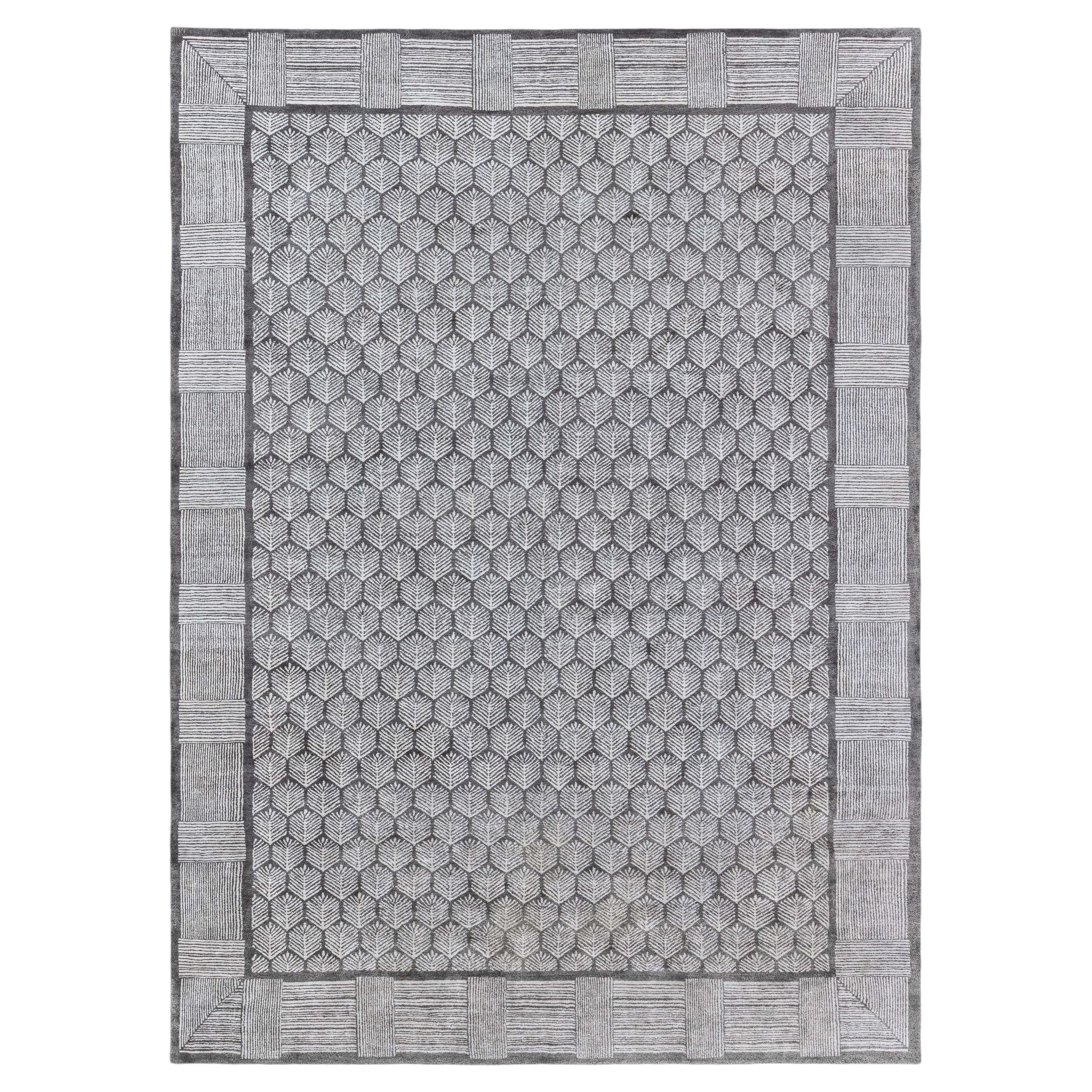 Contemporary Art Deco Chevron Gray And Charcoal Silk Carpet "Grapholia" For Sale