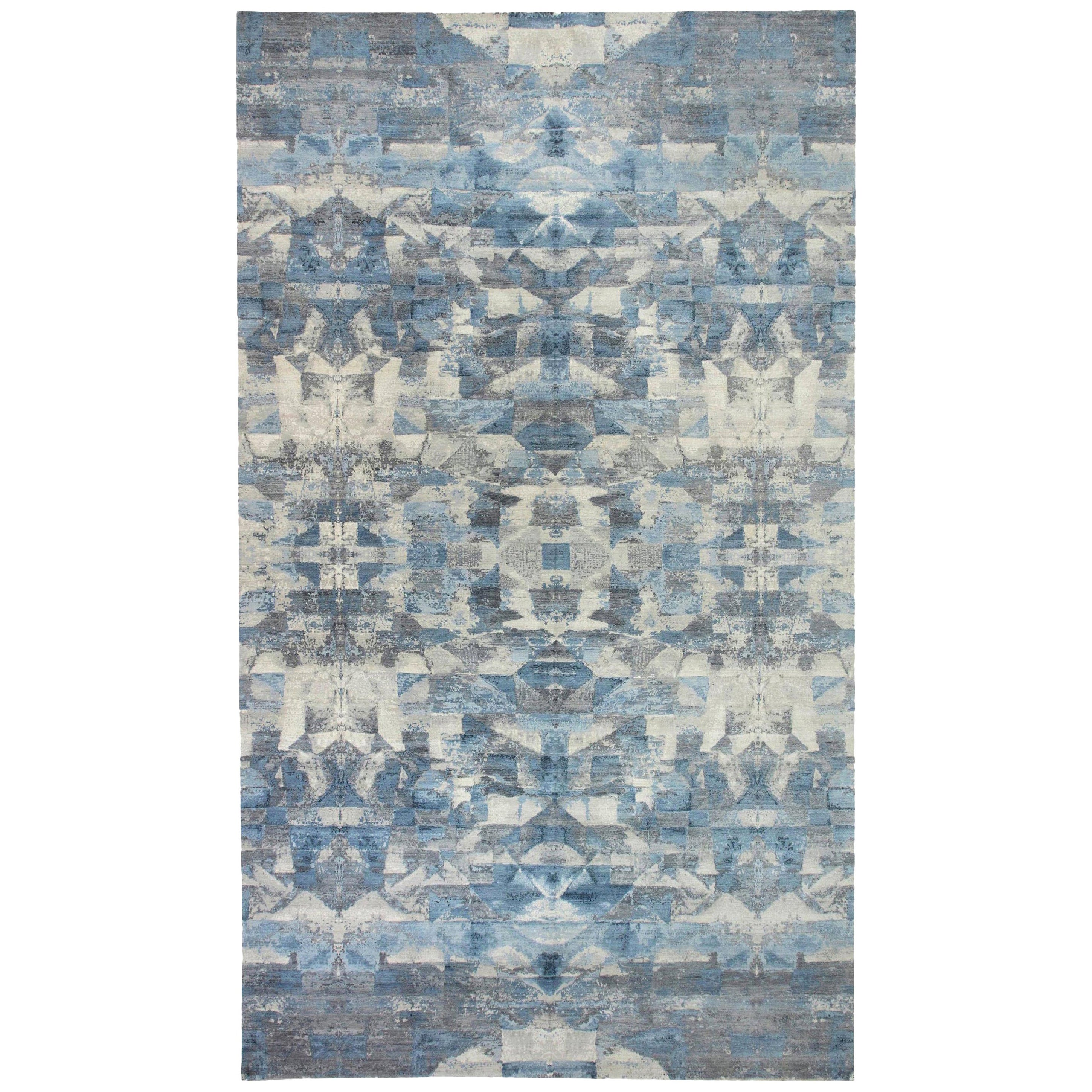 Zeitgenössischer blauer, grauer Wollteppich im Art-déco-Design von Doris Leslie Blau im Angebot