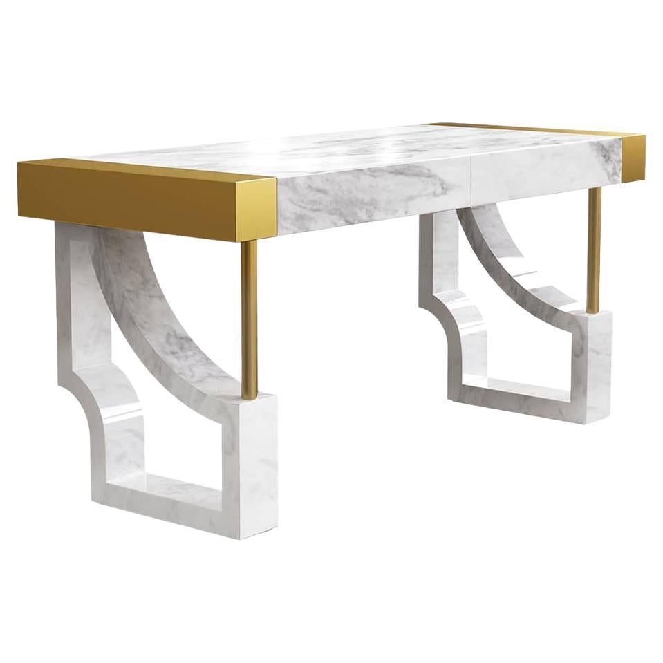 Contemporary Art Deco Design Office Desk In White Marble and Gold Metal Details