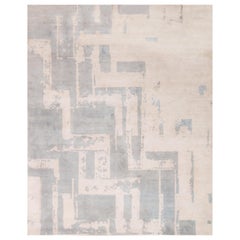 Contemporary Art Deco Geometric Light Blue and White Wool Rug