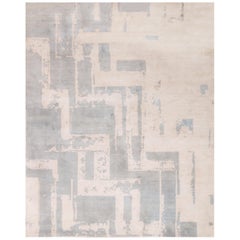 Contemporary Art Deco Geometric Light Blue and White Wool Rug