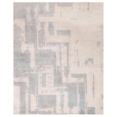 Contemporary Art Deco Geometric Light Blue and White Wool Rug