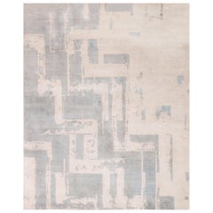 Zeitgenössischer Art-Déco-Teppich und Kelim-Teppich aus hellblauer und weißer Wolle