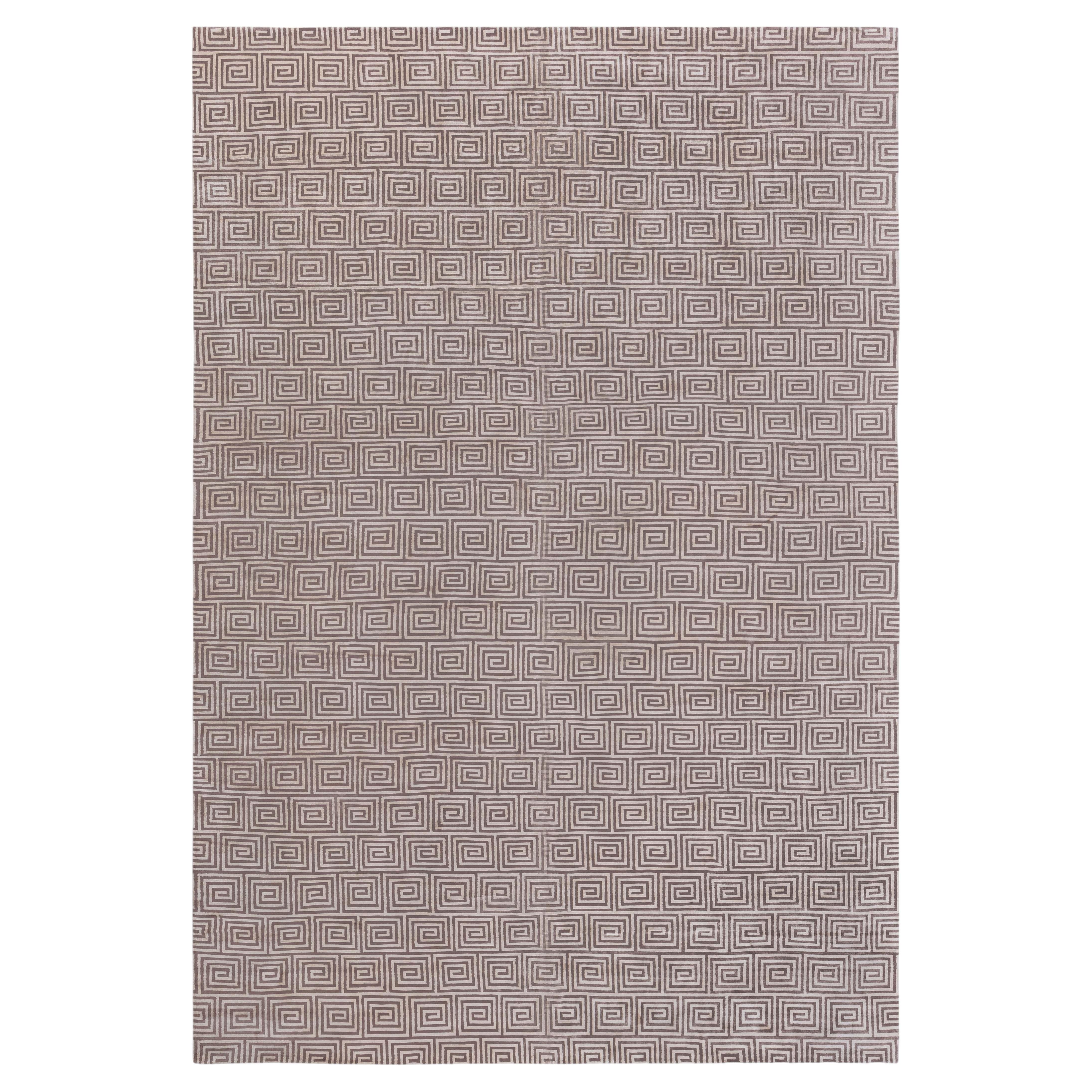 Contemporary Art Deco Greek Key Design Taupe With Beige Silk Carpet "Spirique"