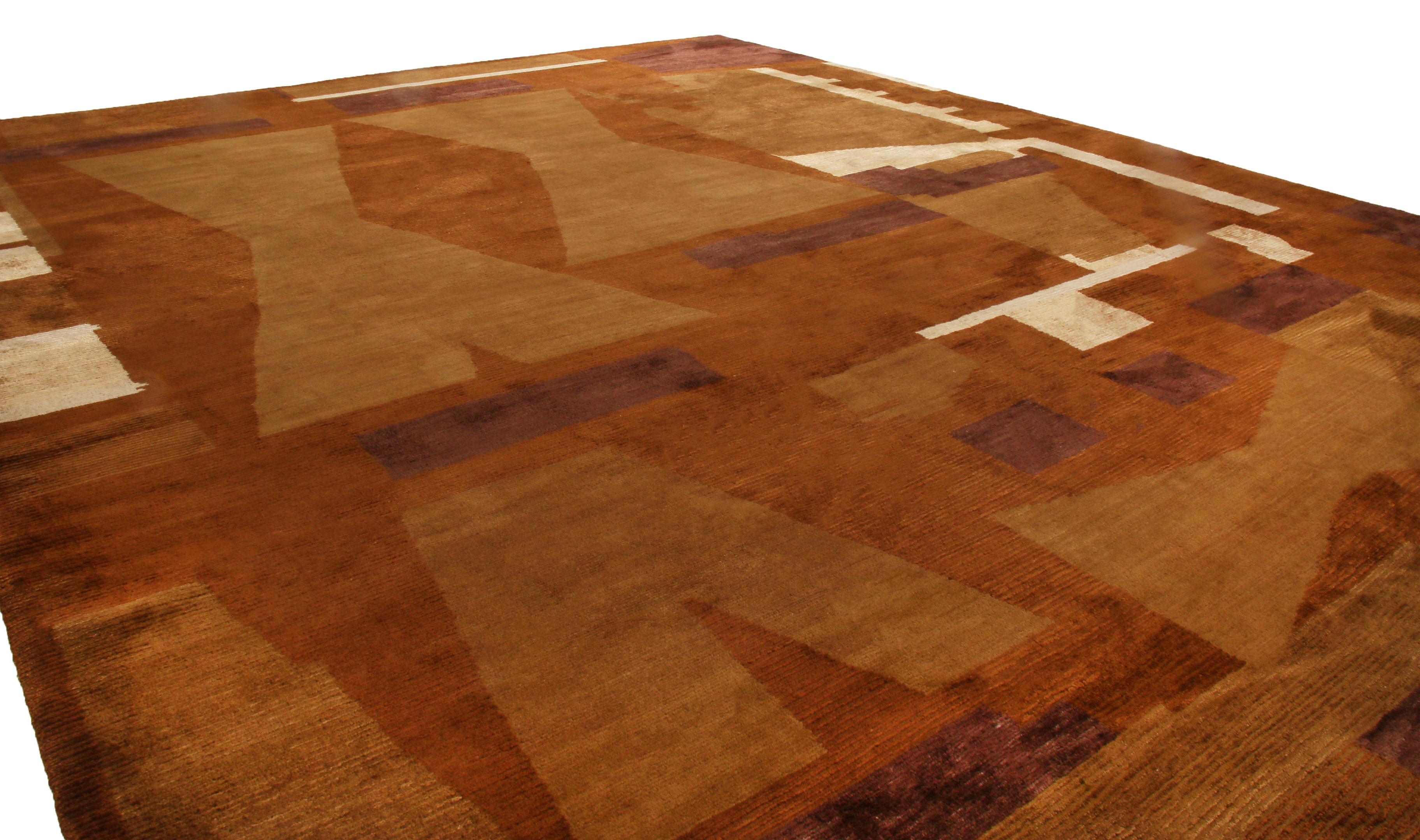 Alfombra Contemporánea de Lana y Seda Marrón y Beige de Diseño Inspirado en el Art Decó Moderno en venta