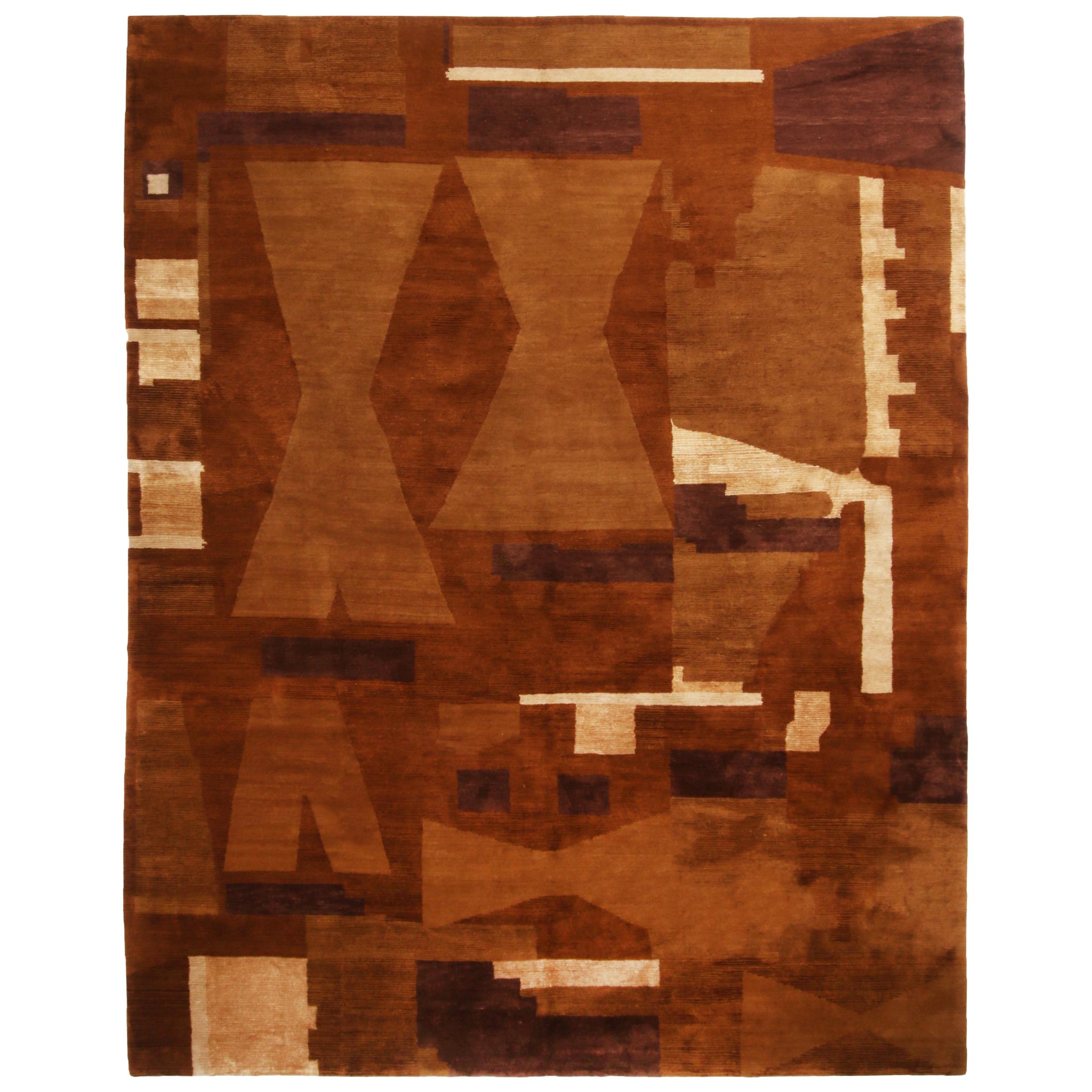 Tappeto in lana e seta marrone e beige di ispirazione Art Deco contemporanea