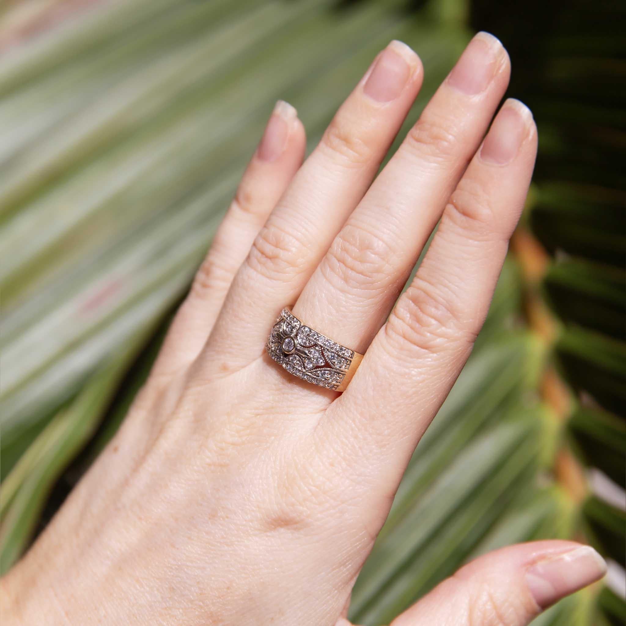 Inspired by the Art Deco period and crafted in 9 carat gold, The Thandie Ring is a stunning jewel.  She is as though lace was embellished with diamonds, sparkling as you move, a sweet addition to your jewellery collection.

The Thandie Ring Gem