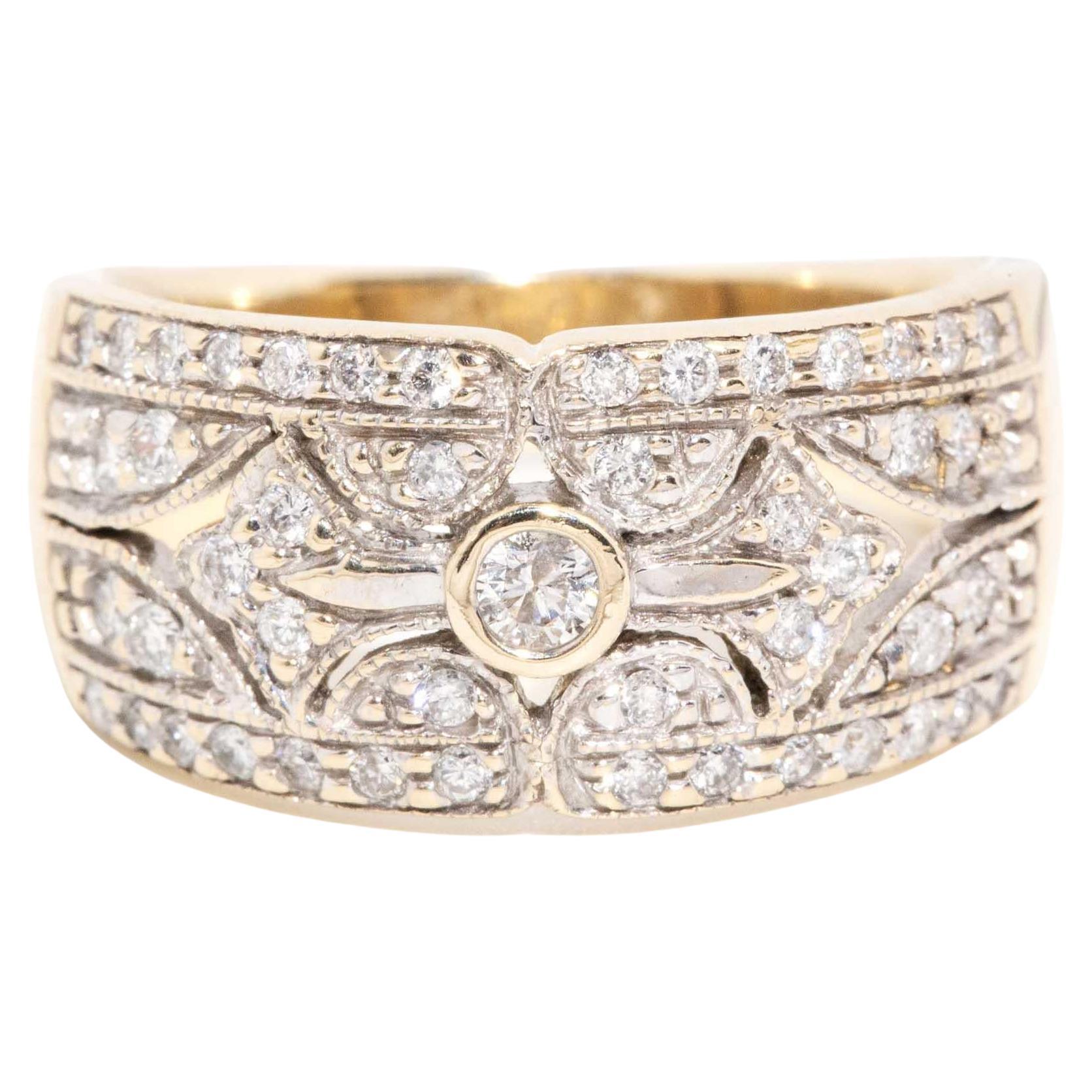 Contemporary Art Deco Inspired Diamond Filigree Band 9 Carat Yellow Gold For Sale