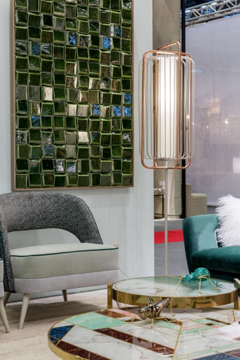 Portuguese Contemporary Art Deco inspired Jules Floor Lamp in Emerald Green, Linen, Copper For Sale