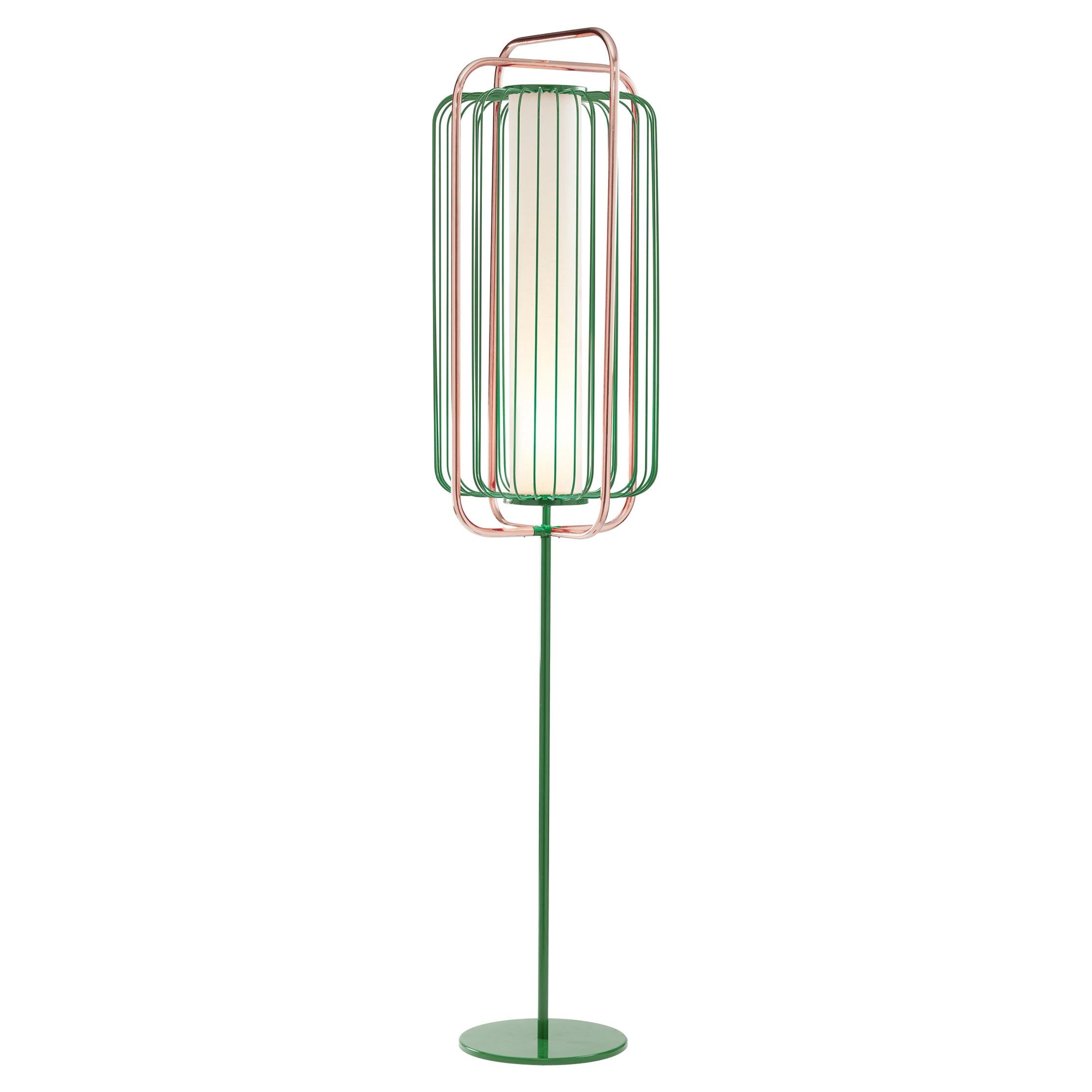 Contemporary Art Deco inspired Jules Floor Lamp in Emerald Green, Linen, Copper For Sale
