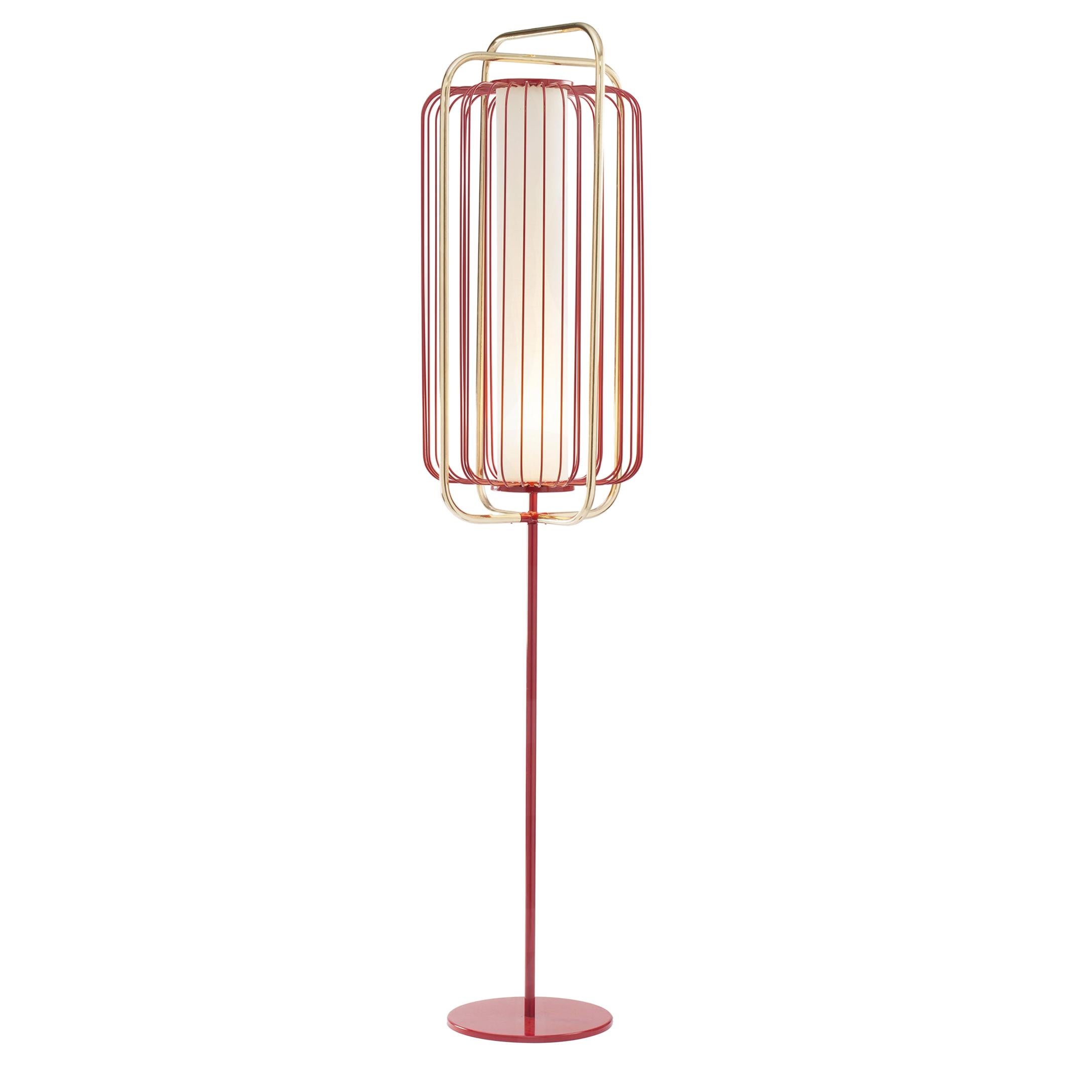 Contemporary Art Deco inspired Jules Floor Lamp in Lipstick Red, Linen and Brass For Sale