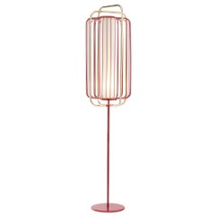 Lampadaire Jules d'inspiration Art Déco contemporain en rouge lipstick, lin et laiton