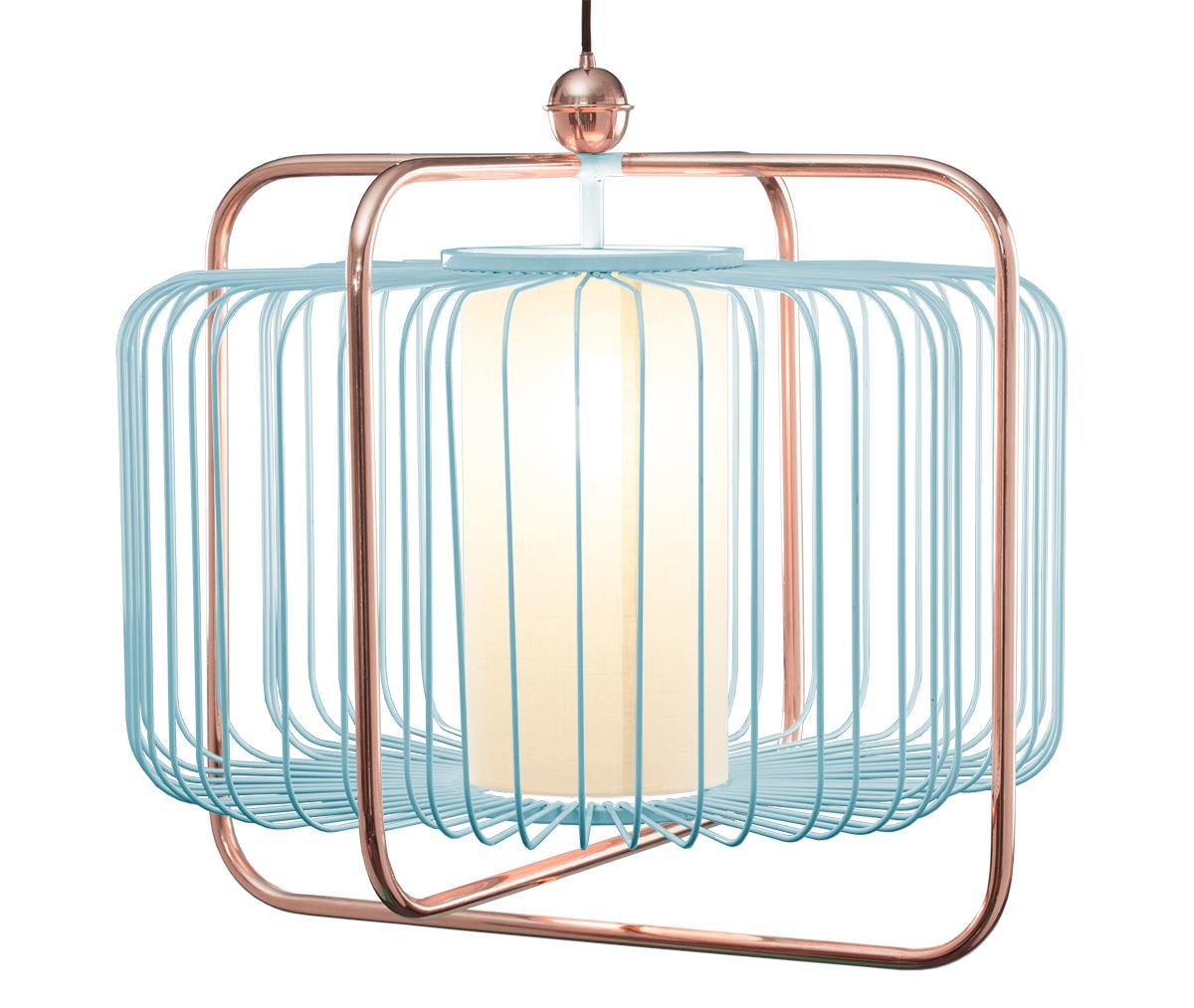 Lampada a sospensione Jules I di ispirazione Art Deco contemporanea in rame, taupe e lino in vendita 4